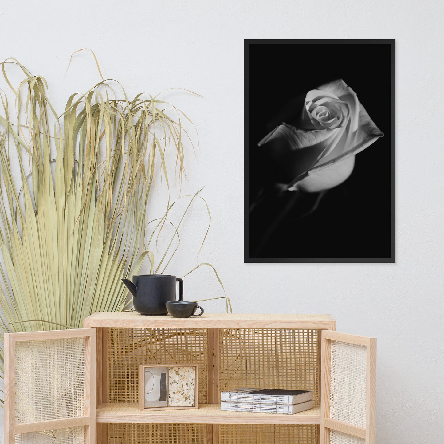 Rose on Black Black and White Floral Nature Photo Framed Wall Art Print
