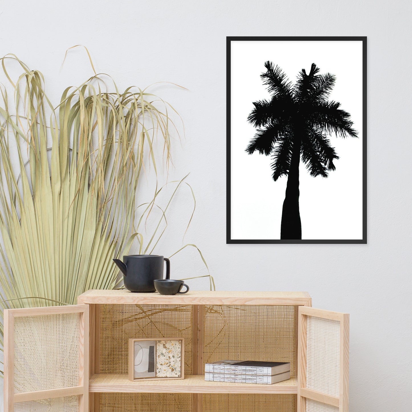 Palm Tree Silhouette on Pure White Botanical Nature Photo Framed Wall Art Print