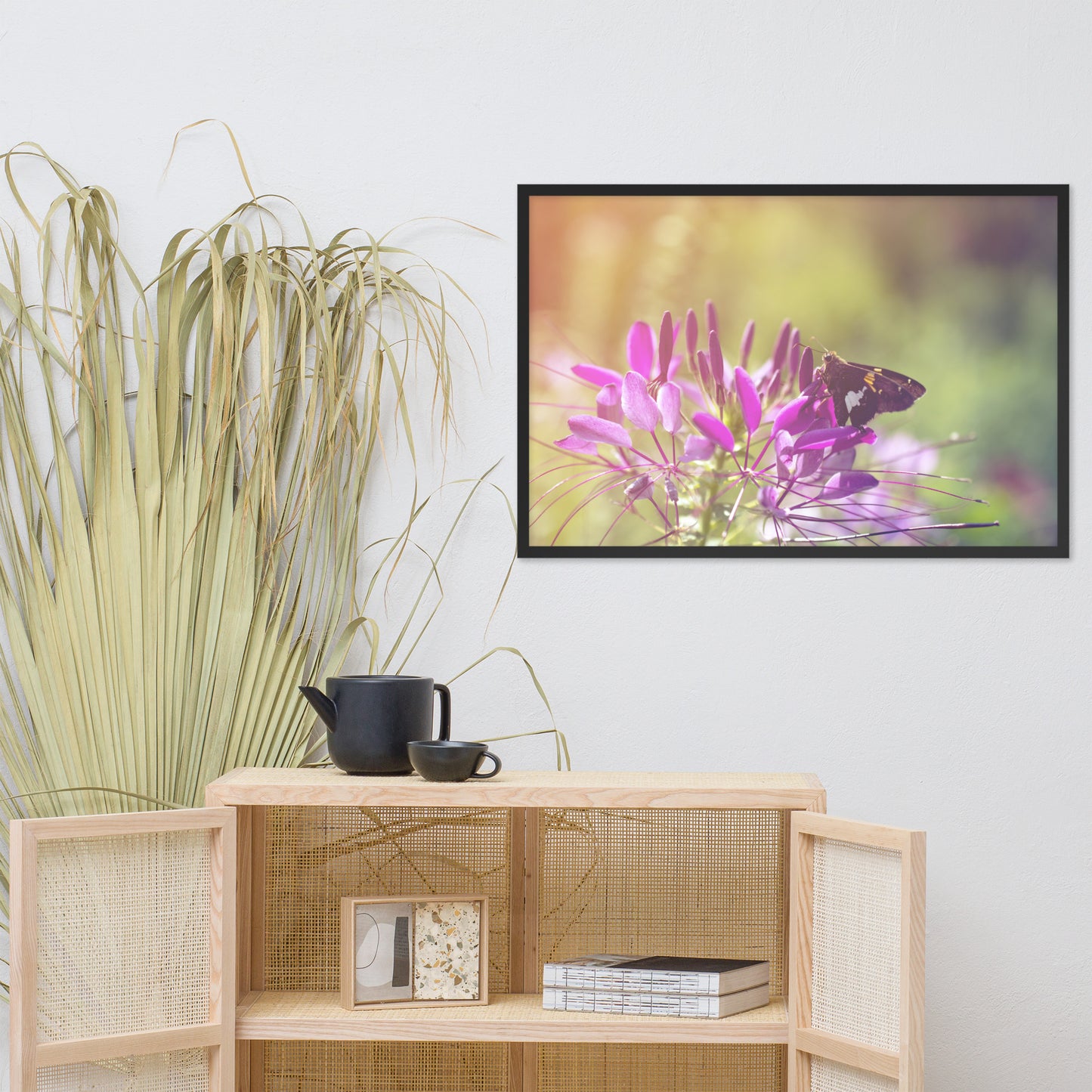Spider Flower in Glory Light with Spotted Moth Floral Nature Photo Framed Wall Art Print