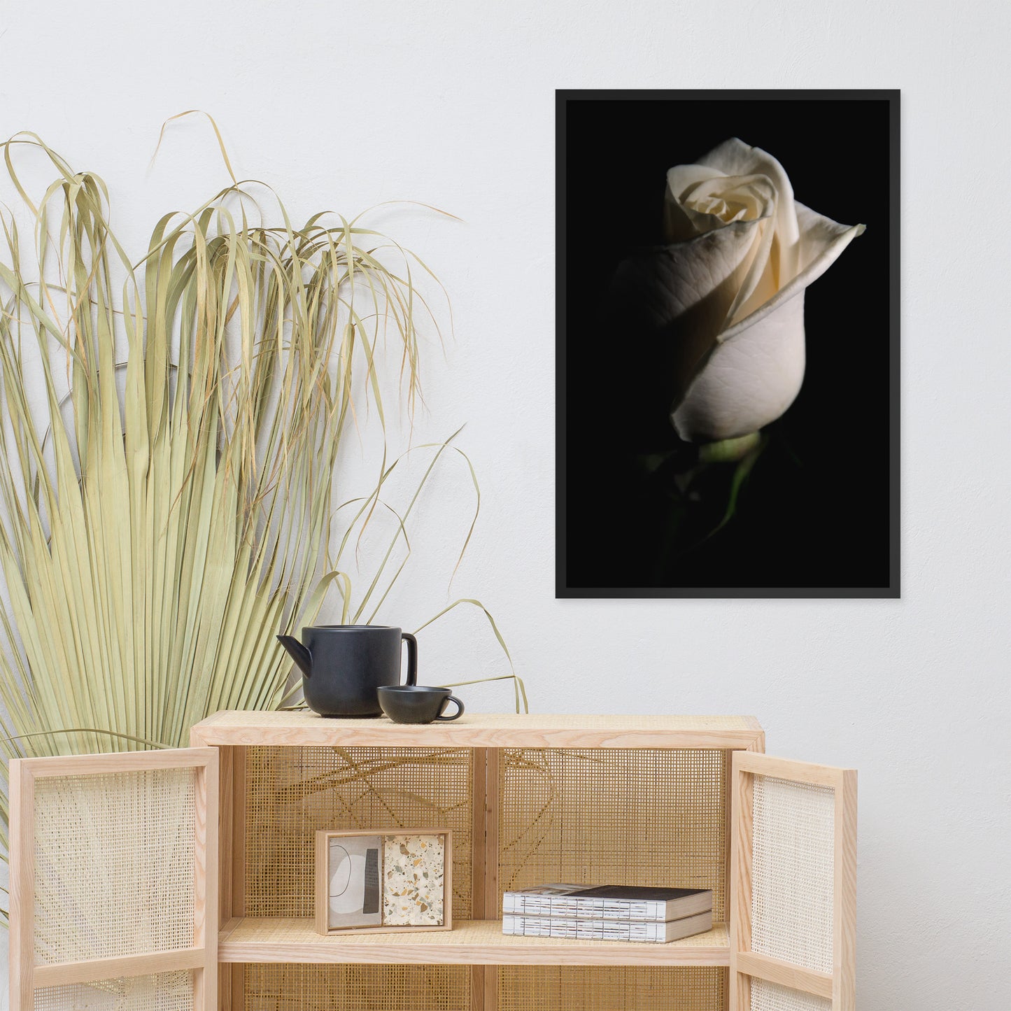 White Rose Low Key Floral Nature Photo Framed Wall Art Print