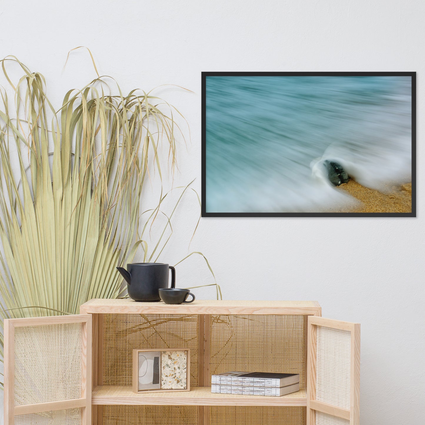 Whelk Seashell and Misty Wave Coastal Nature Photo Framed Wall Art Print