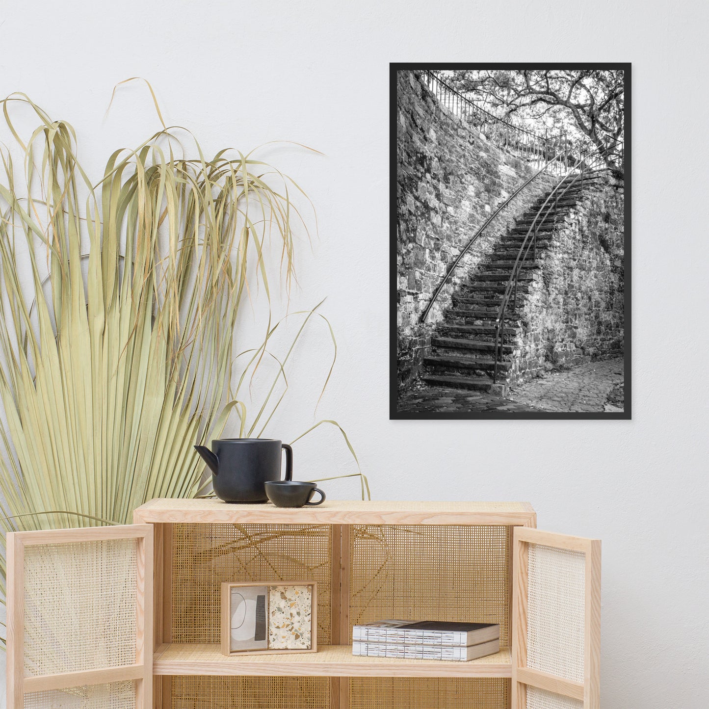 Black and White Old Stone Stairs River Street Savannah Ga Framed Wall Art Print
