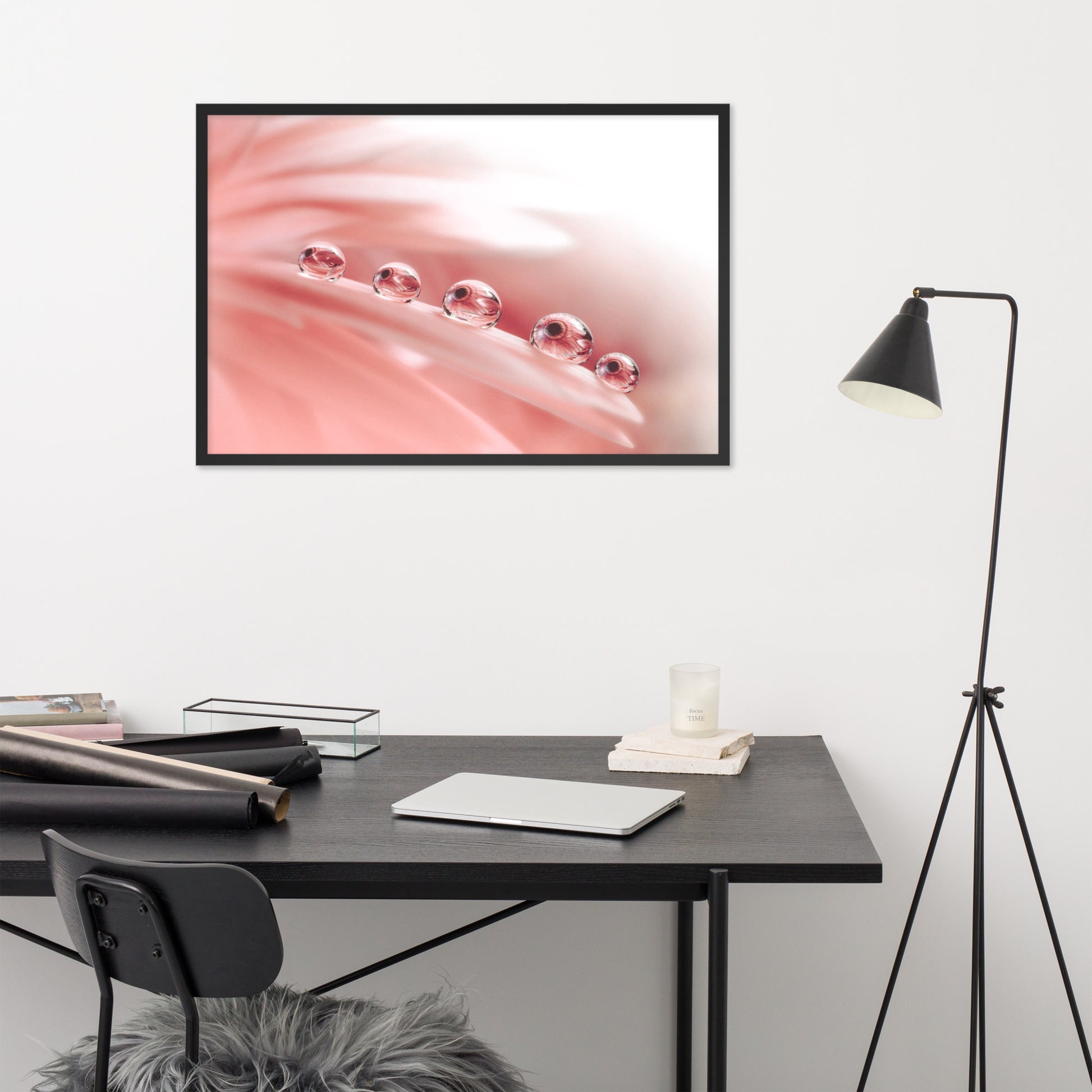 Large Floral Framed Art: Dew Drops on Gerbera Daisy Petals Floral Botanical Photograph Shabby Chic - Vintage Framed Wall Art Print