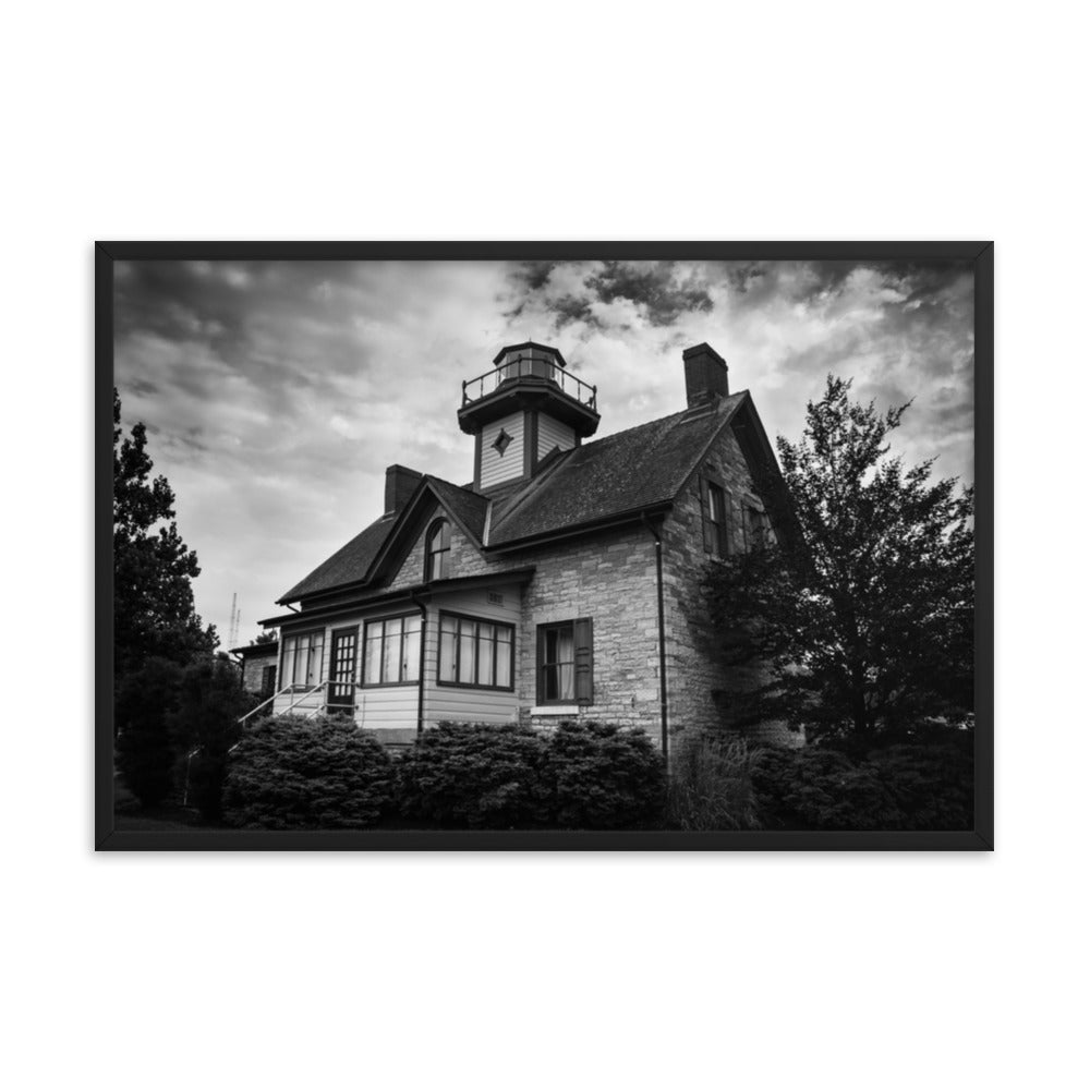 Cedar Point Lighthouse in Black and White Framed Photo Paper Wall Art Prints