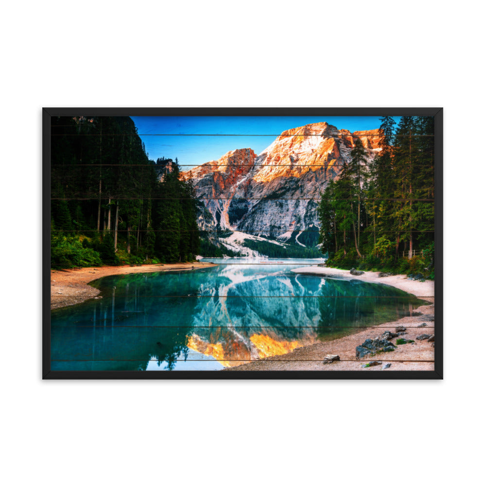 Faux Wood Misty Lake and Snowcap Mountain Reflections Framed Photo Paper Wall Art Prints