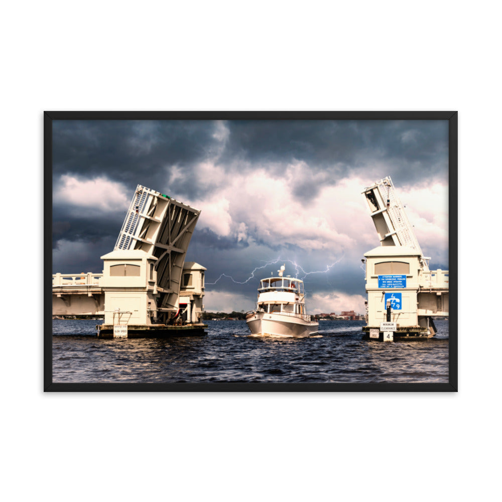 Stormy Drawbridge and Boat Racing Towards the Sun Coastal Landscape Photograph Framed Wall Art Print