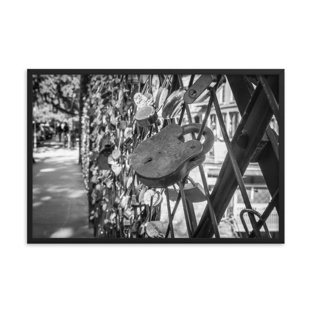 Black & White Minimal Photograph Love Lock Bridge River Street Savannah Georgia Framed Wall Art Print