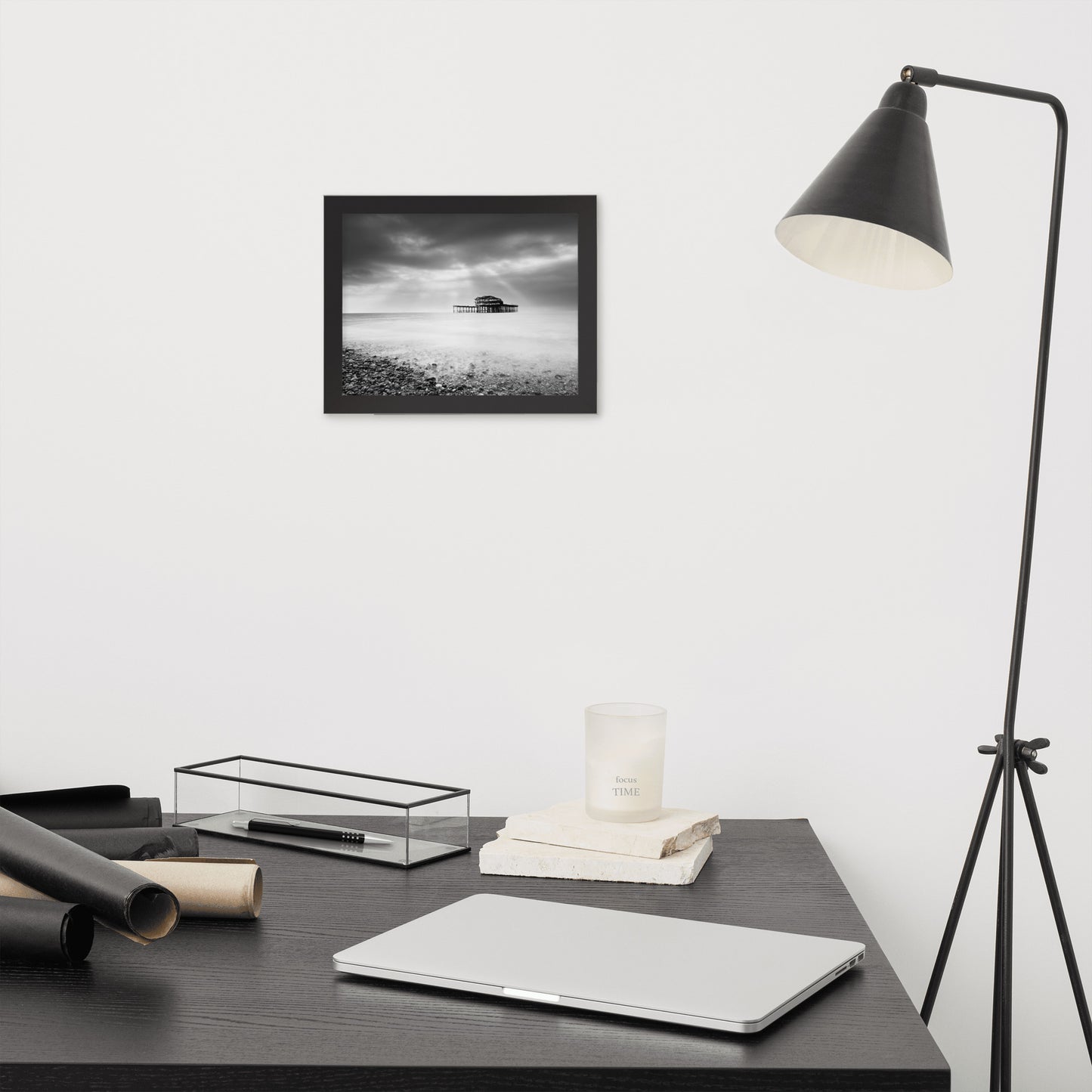 Art Wall Office: Abandoned West Pier Coastal Seascape Landscape Black and White Photograph Framed Wall Art Print