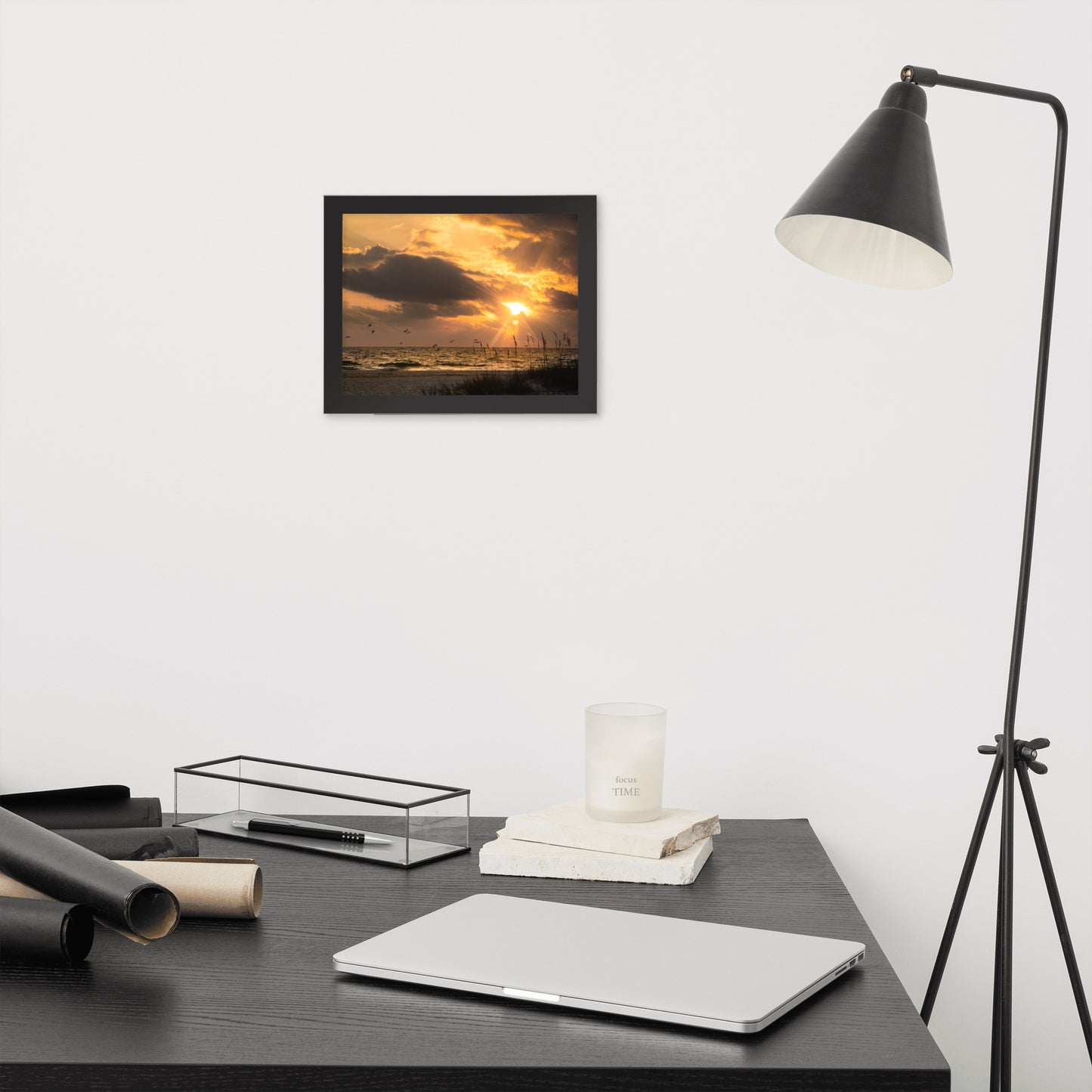 Masculine Artwork For Office: Anna Maria Island Cloudy Beach Sunset 1 - Coastal / Beach / Seascape / Nature / Landscape Photo Framed Wall Art Print - Artwork