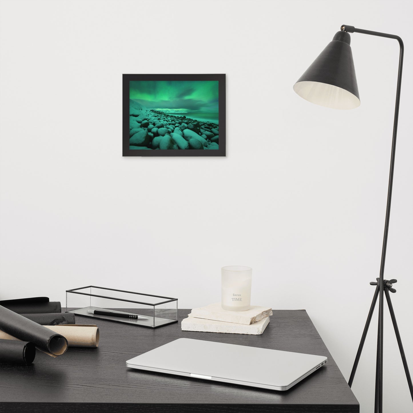 Black Wall Art For Office: Aurora Borealis Over Ocean in Teriberka Night - Coastal / Beach / Seascape / Nature / Landscape Photo Framed Wall Art Print - Artwork