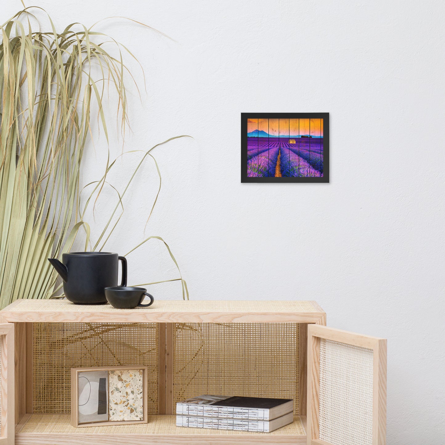 Faux Wood Lavender Fields and Sunset Landscape Framed Photo Paper Wall Art Prints
