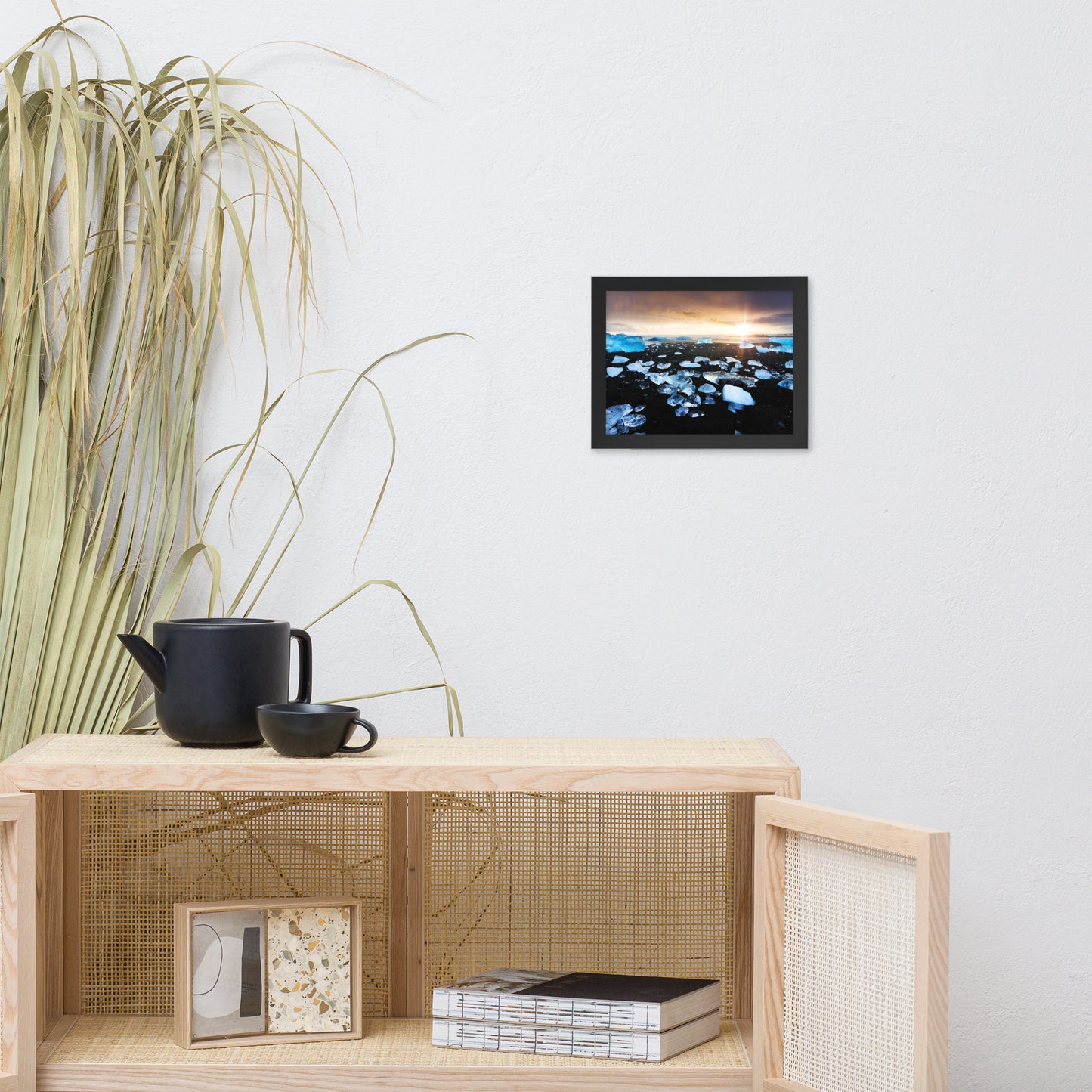 Fire and Ice Black Sand Sunset Coastal Landscape Framed Photo Paper Wall Art Prints