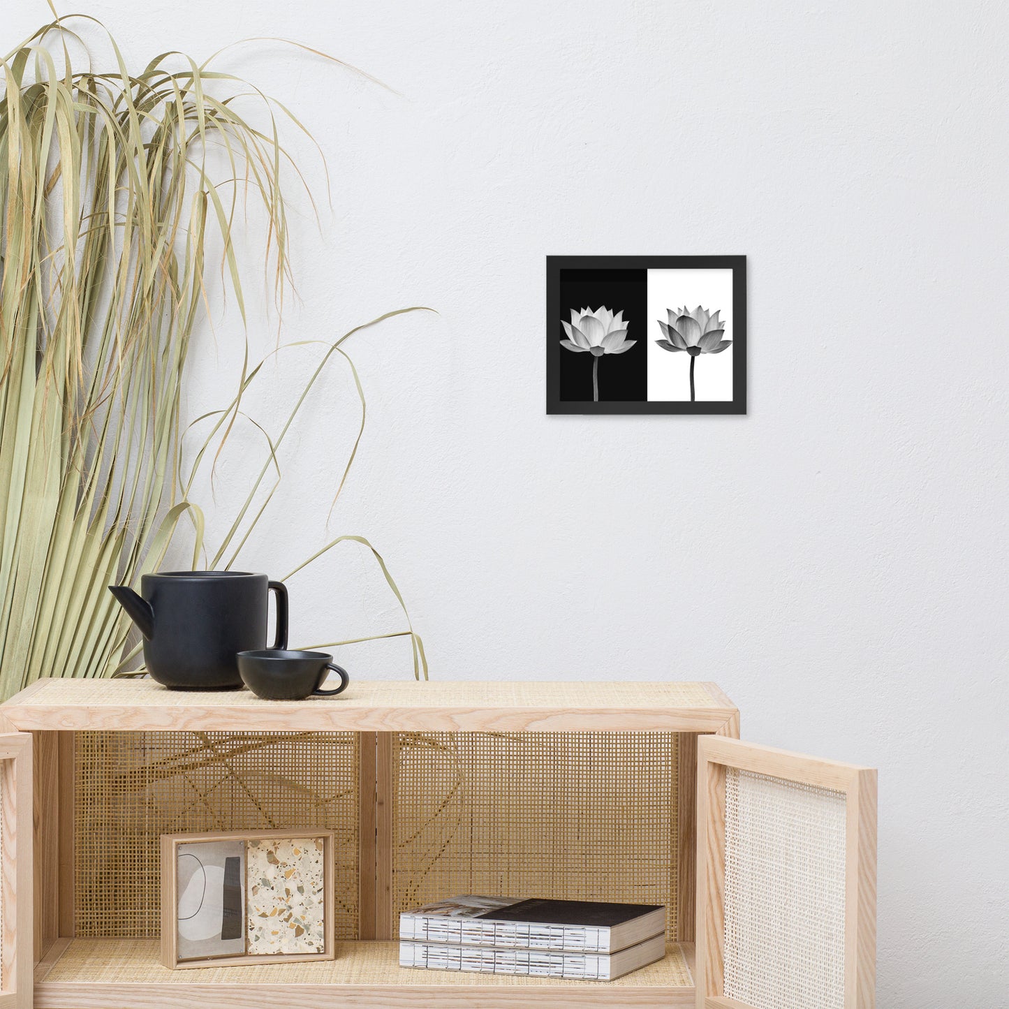 Lotus Flower on Black and White Background Floral Nature Framed Photo Paper Poster