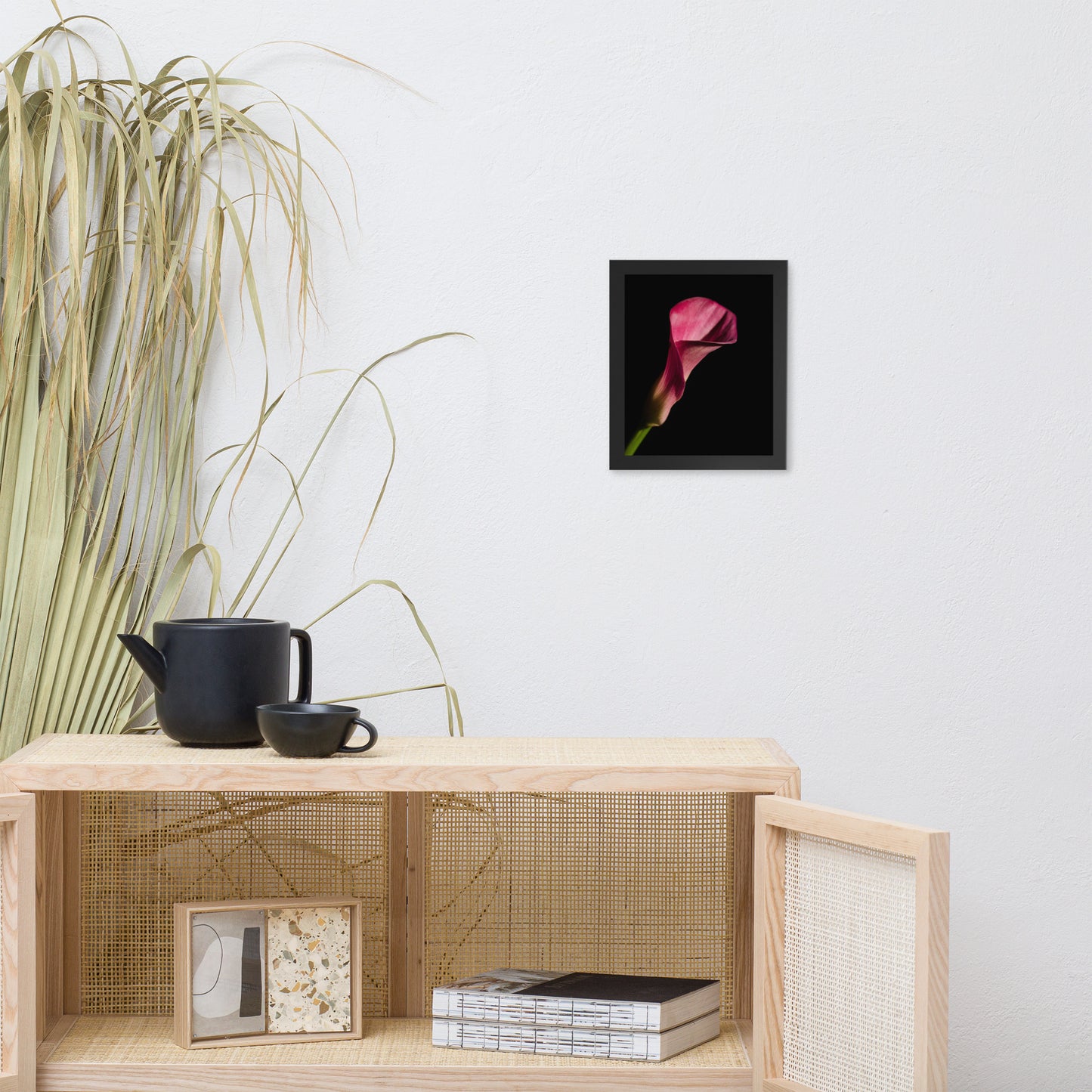 Pink Calla Lily Flower on Black Floral Nature Photo Framed Wall Art Print