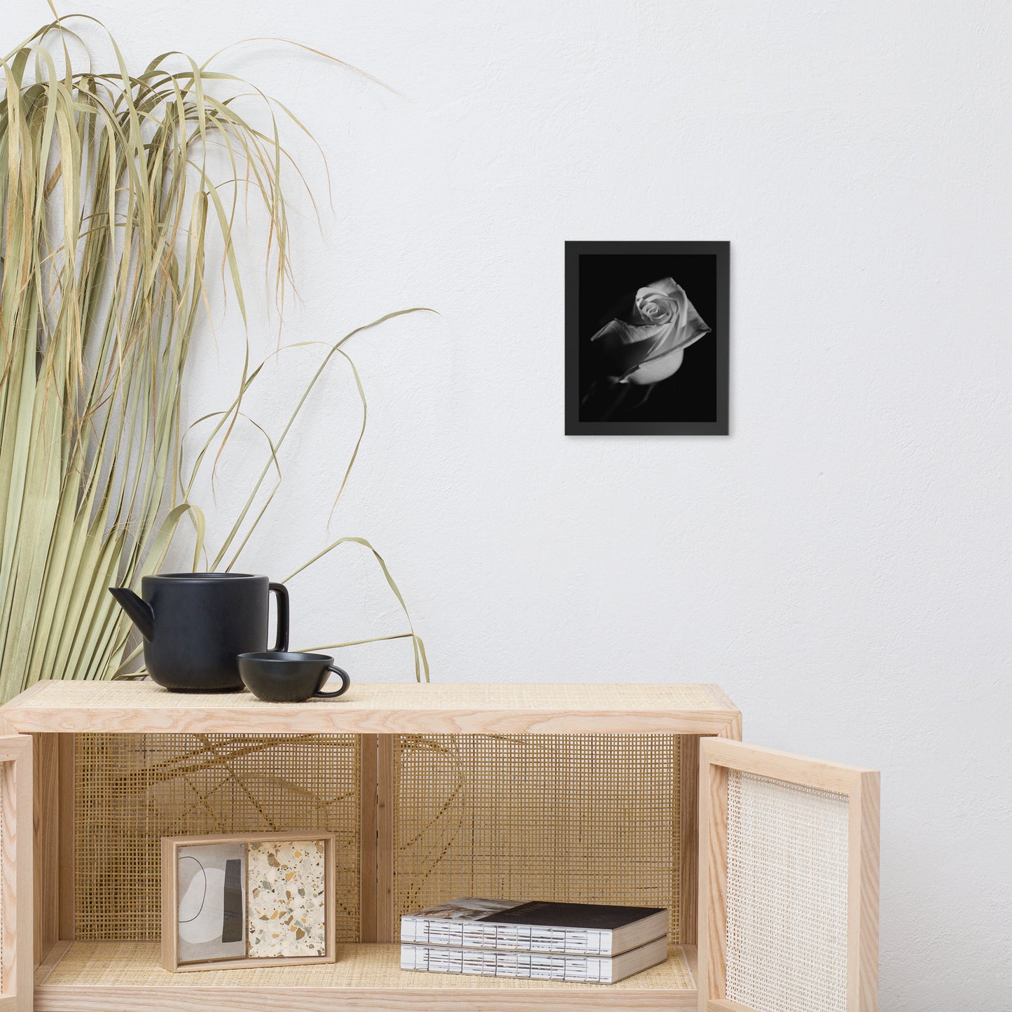 Rose on Black Black and White Floral Nature Photo Framed Wall Art Print
