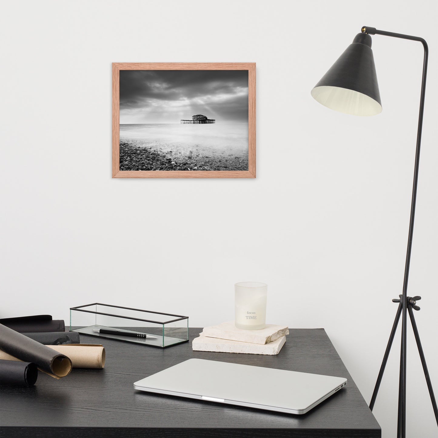 Artwork For Your Office: Abandoned West Pier Coastal Seascape Landscape Black and White Photograph Framed Wall Art Print