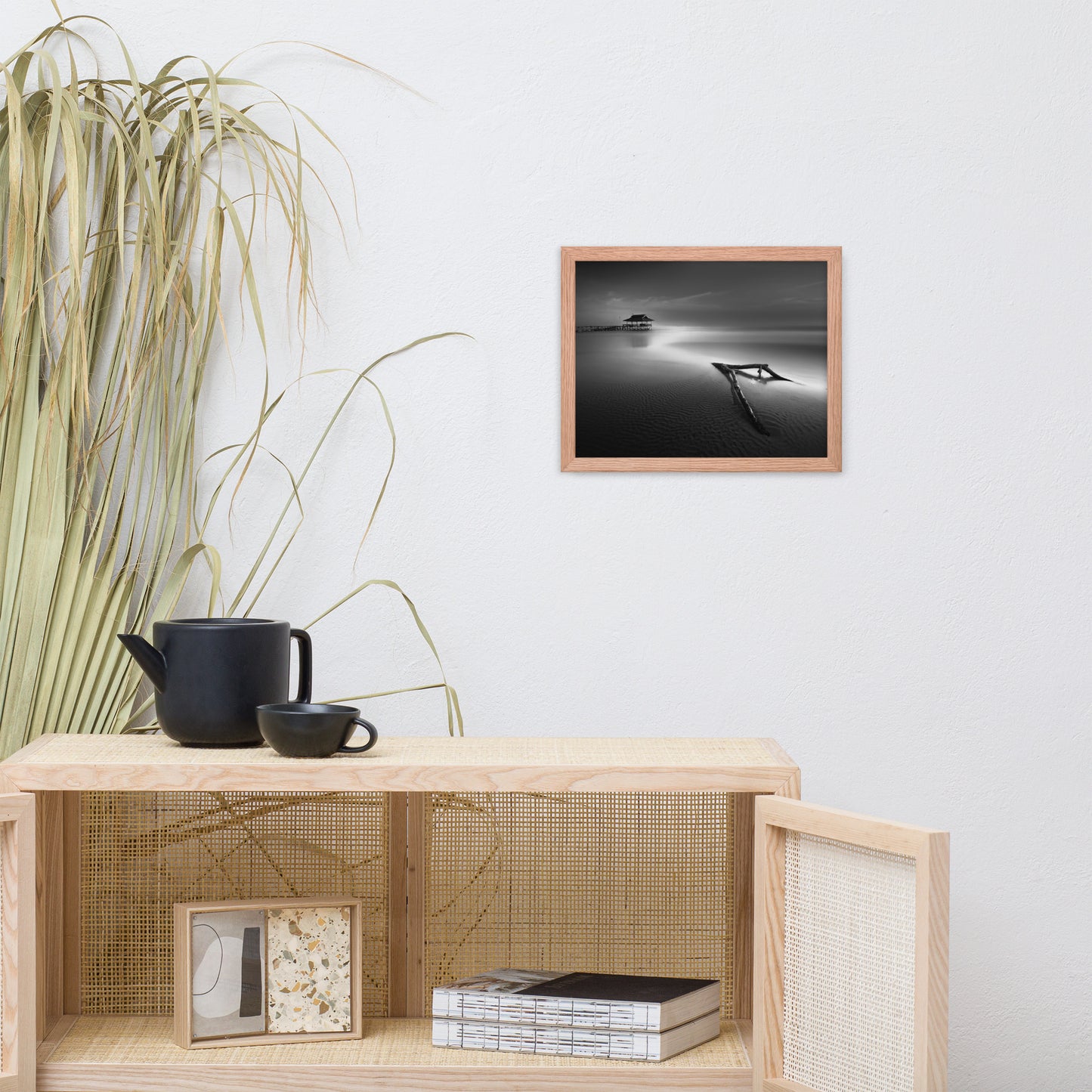 Dramatic Beach with Driftwood Black and White Framed Wall Art Prints