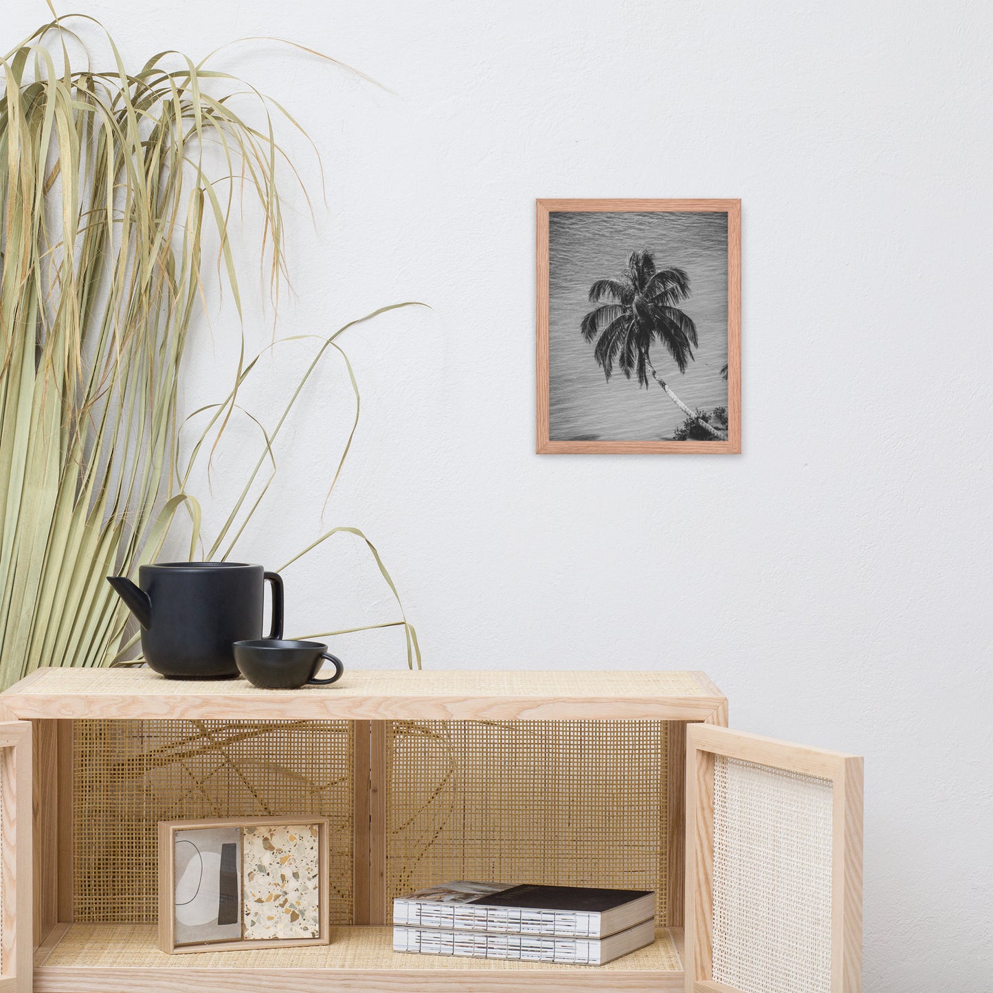 Palm Over Water Black and White Botanical Nature Photo Framed Wall Art Print