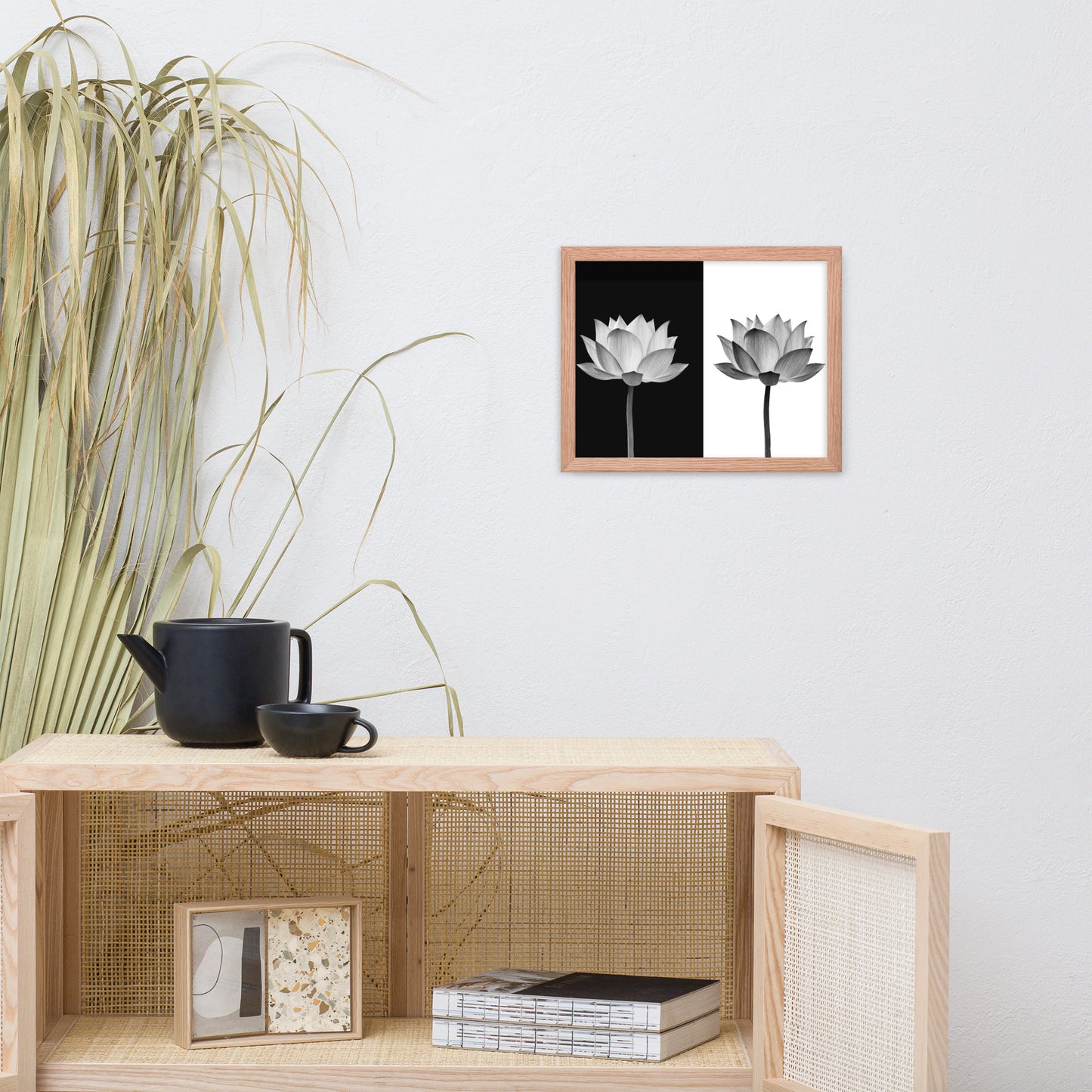 Lotus Flower on Black and White Background Floral Nature Framed Photo Paper Poster