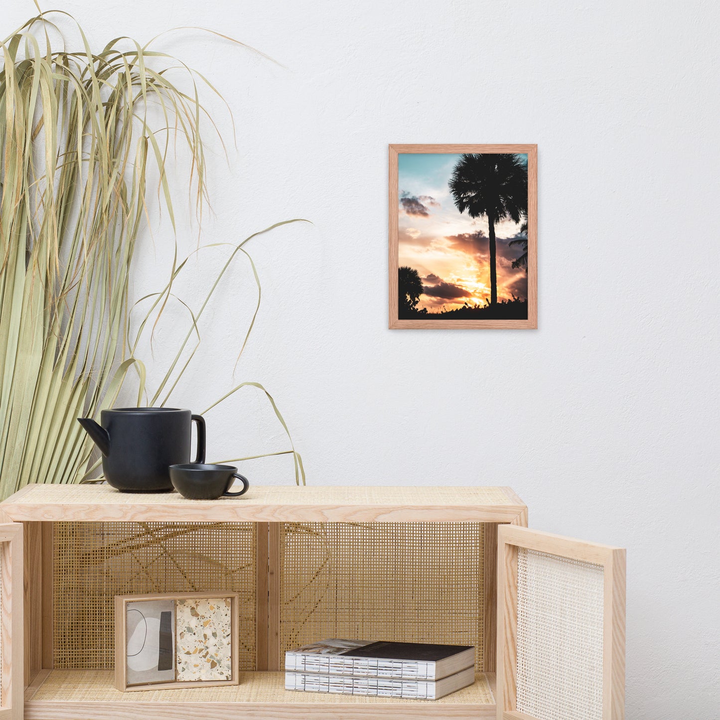 Palm Tree Silhouettes and Sunset Botanical Nature Photo Framed Wall Art Print