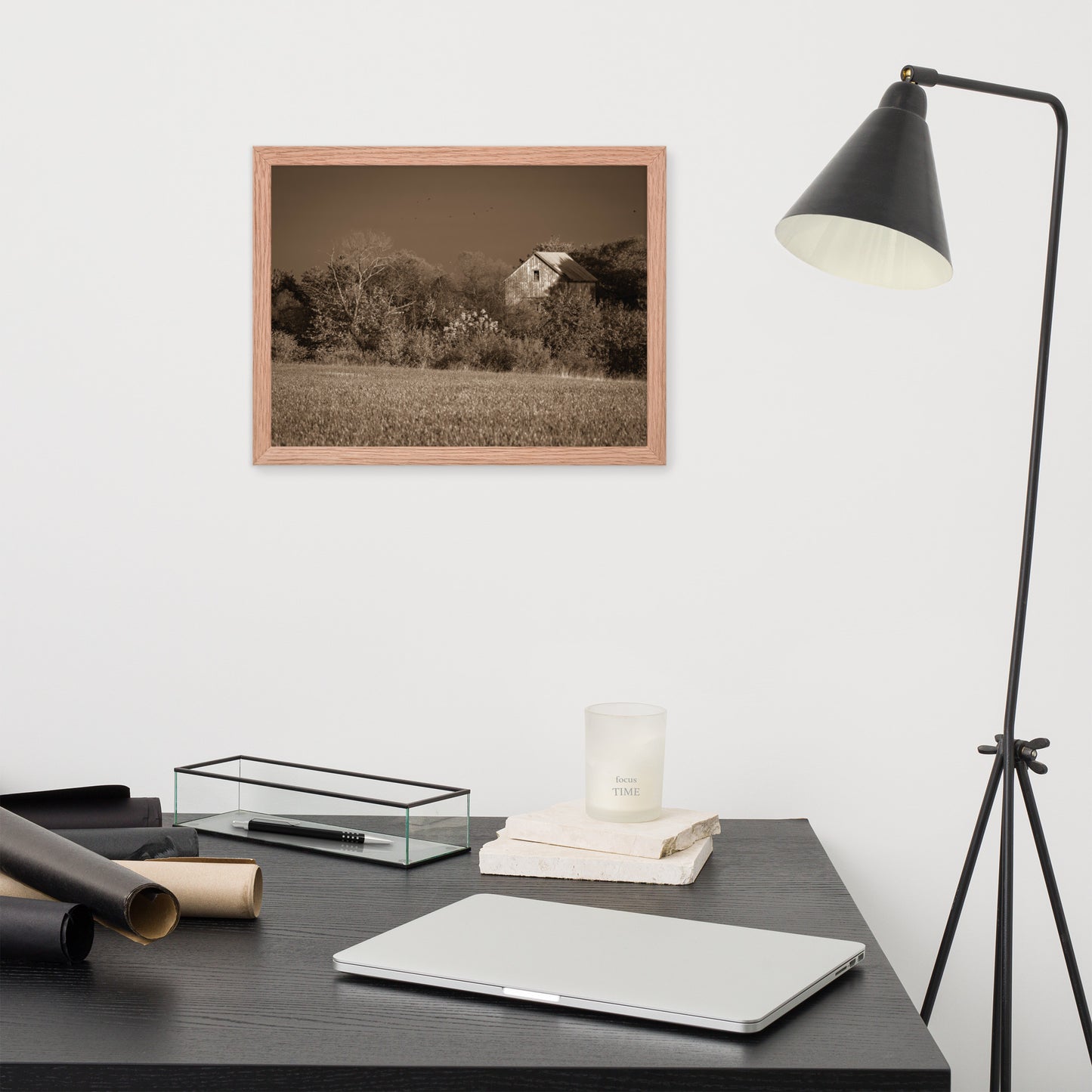 Rustic Farm Art: Framed Country Wall Art: Abandoned Barn In The Trees Sepia - Rural / Country Style / Landscape / Nature Framed Photo Paper Prints - Artwork - Wall Decor