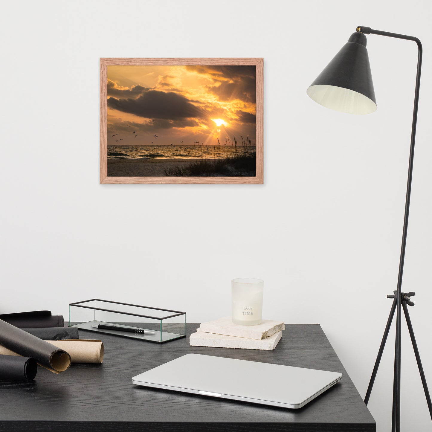 Mens Office Artwork: Anna Maria Island Cloudy Beach Sunset 1 - Coastal / Beach / Seascape / Nature / Landscape Photo Framed Wall Art Print - Artwork