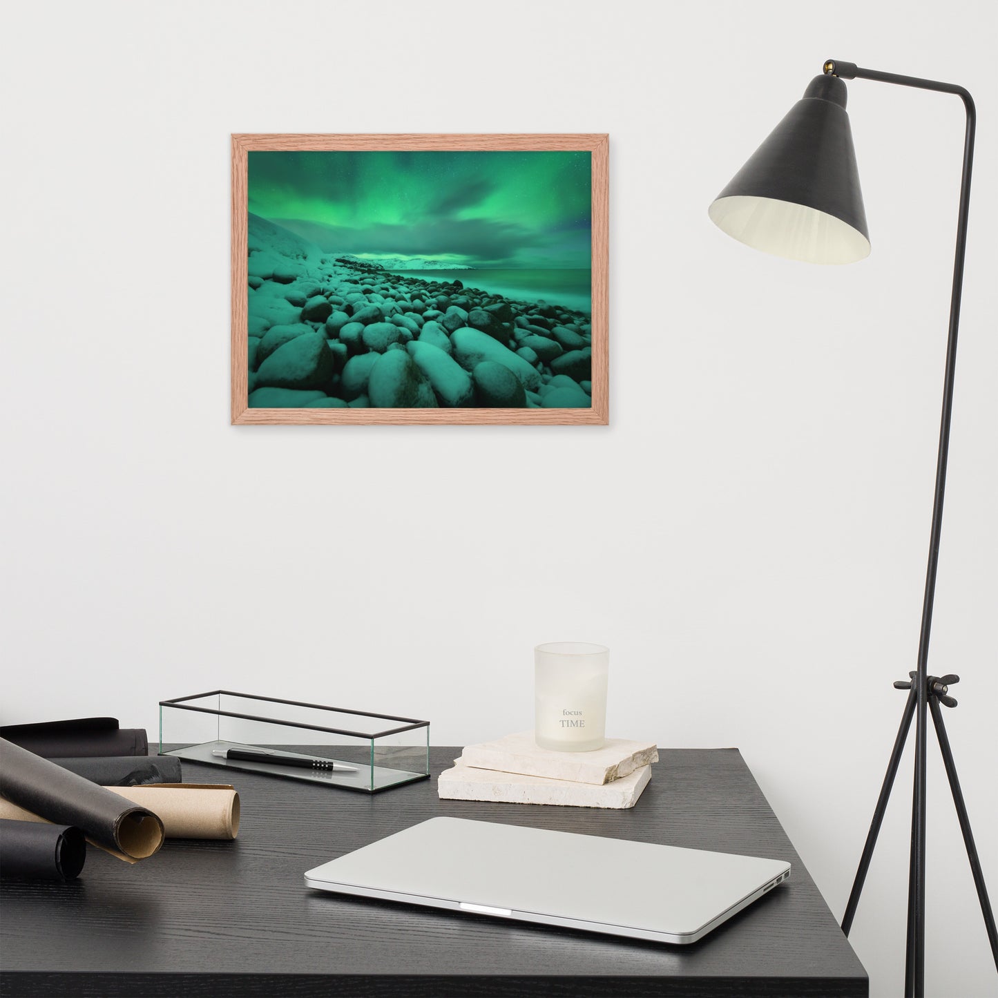 Exercise Room Art: Aurora Borealis Over Ocean in Teriberka Night - Coastal / Beach / Seascape / Nature / Landscape Photo Framed Wall Art Print - Artwork