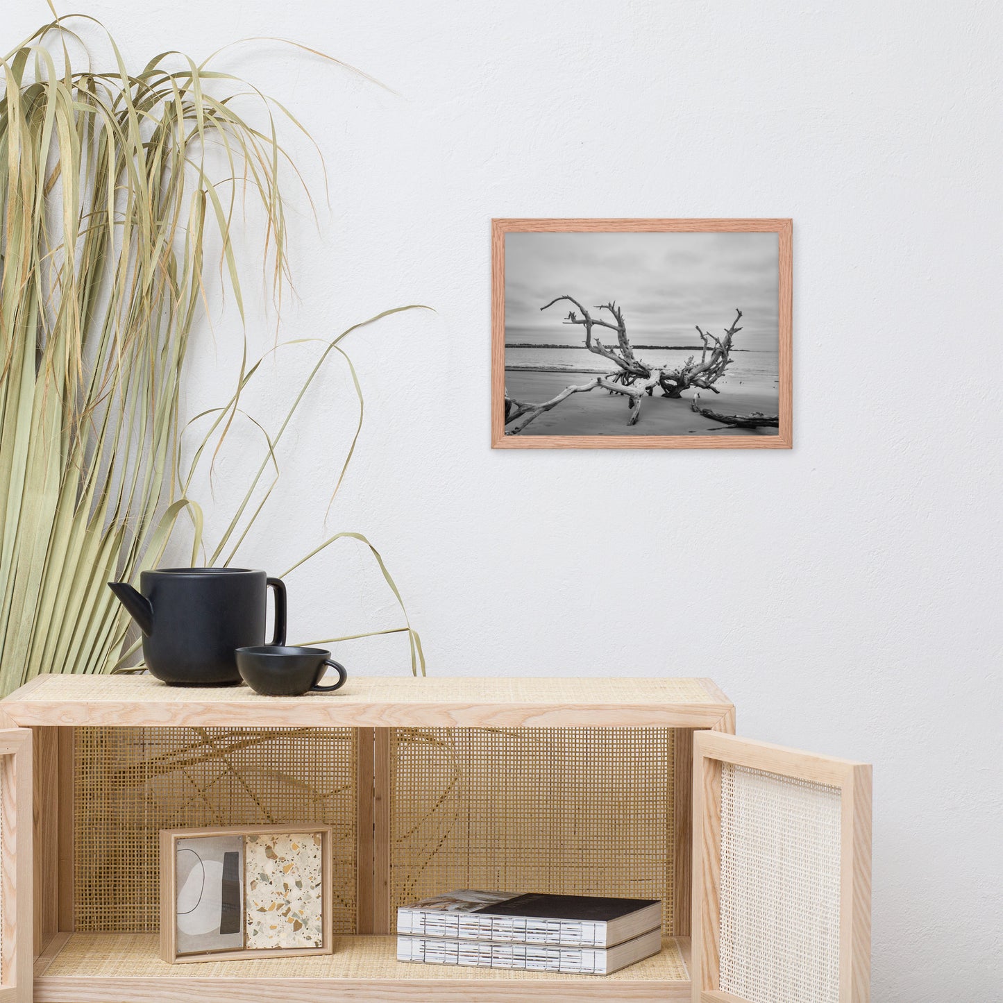 Driftwood on Boneyard Beach Florida 3 Black and White Rustic Coastal Landscape Photo Framed Wall Art Print