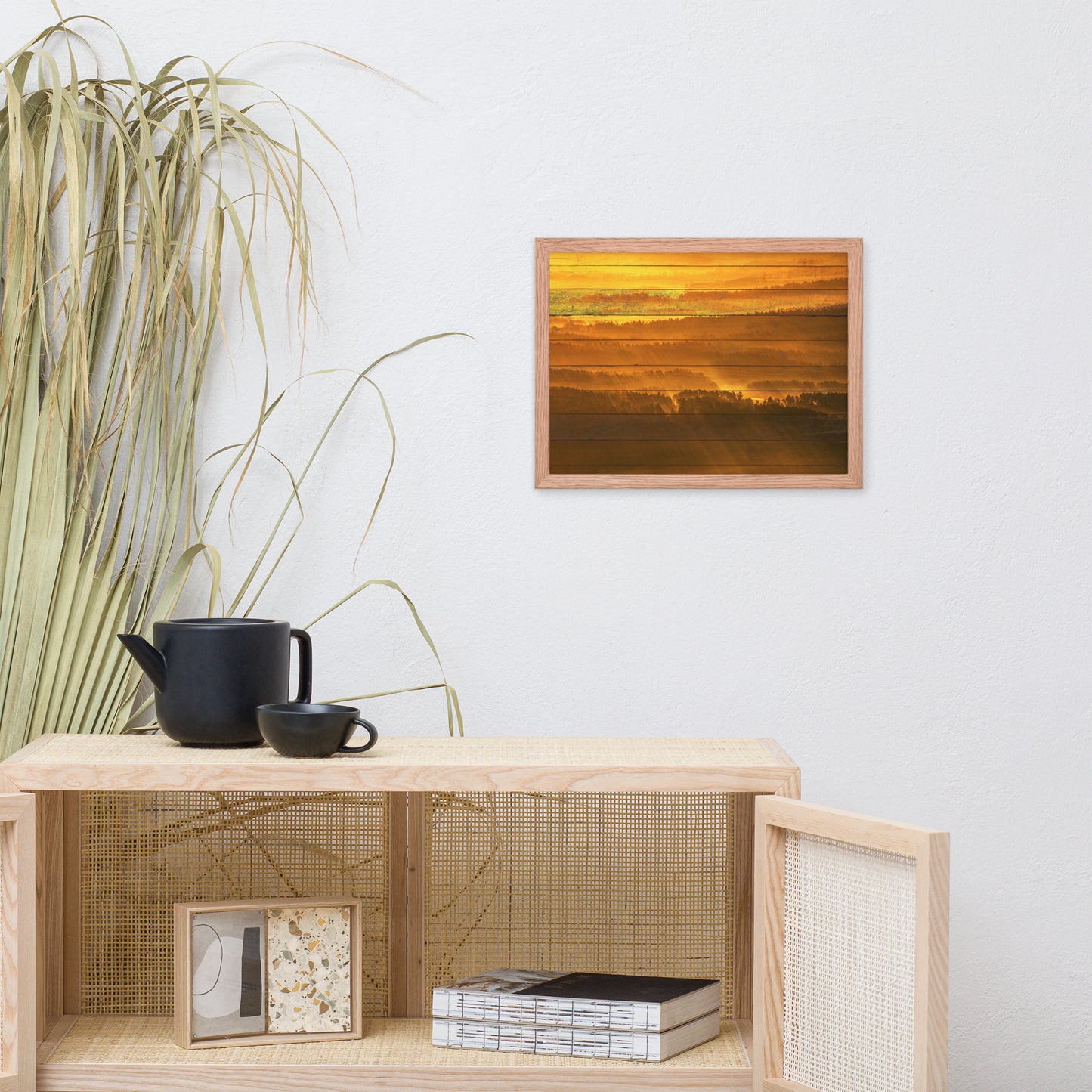 Faux Wood Golden Mist Valley - Hills & Mountain Range Framed Photo Wall Art Prints