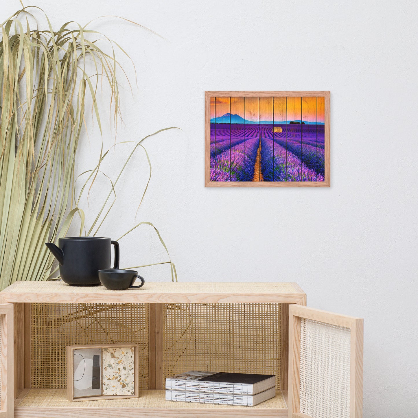Faux Wood Lavender Fields and Sunset Landscape Framed Photo Paper Wall Art Prints