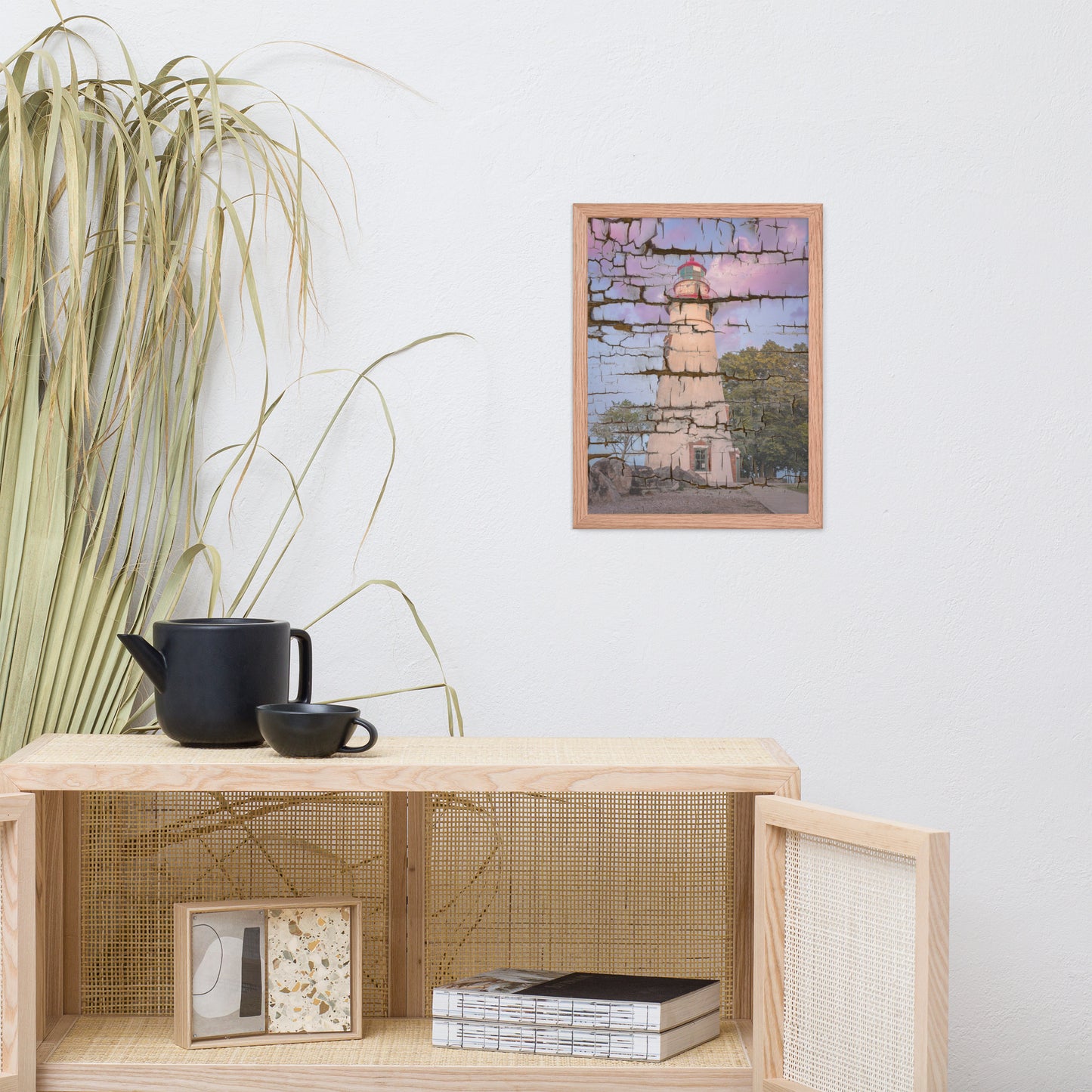 Faux Wood Texture Marblehead Lighthouse at Sunset Framed Photo Paper Wall Art Prints