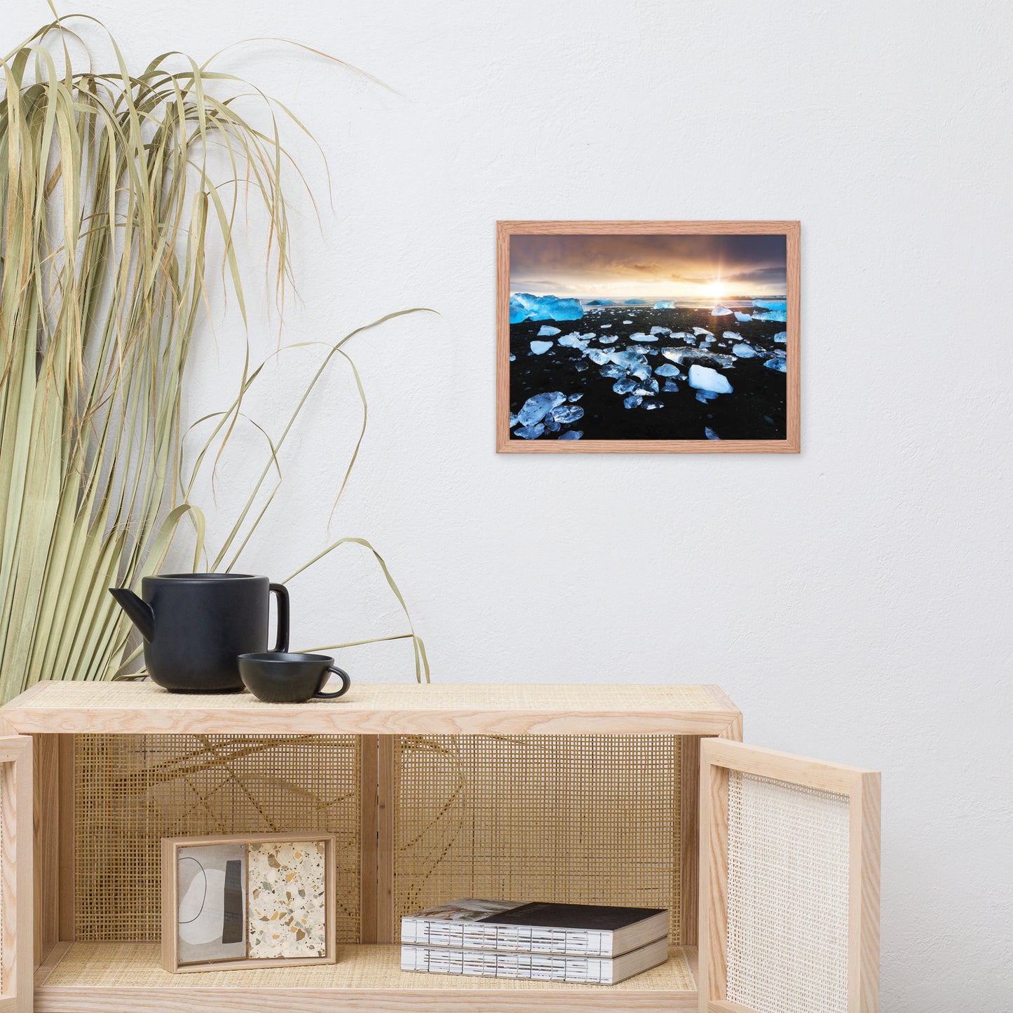 Fire and Ice Black Sand Sunset Coastal Landscape Framed Photo Paper Wall Art Prints