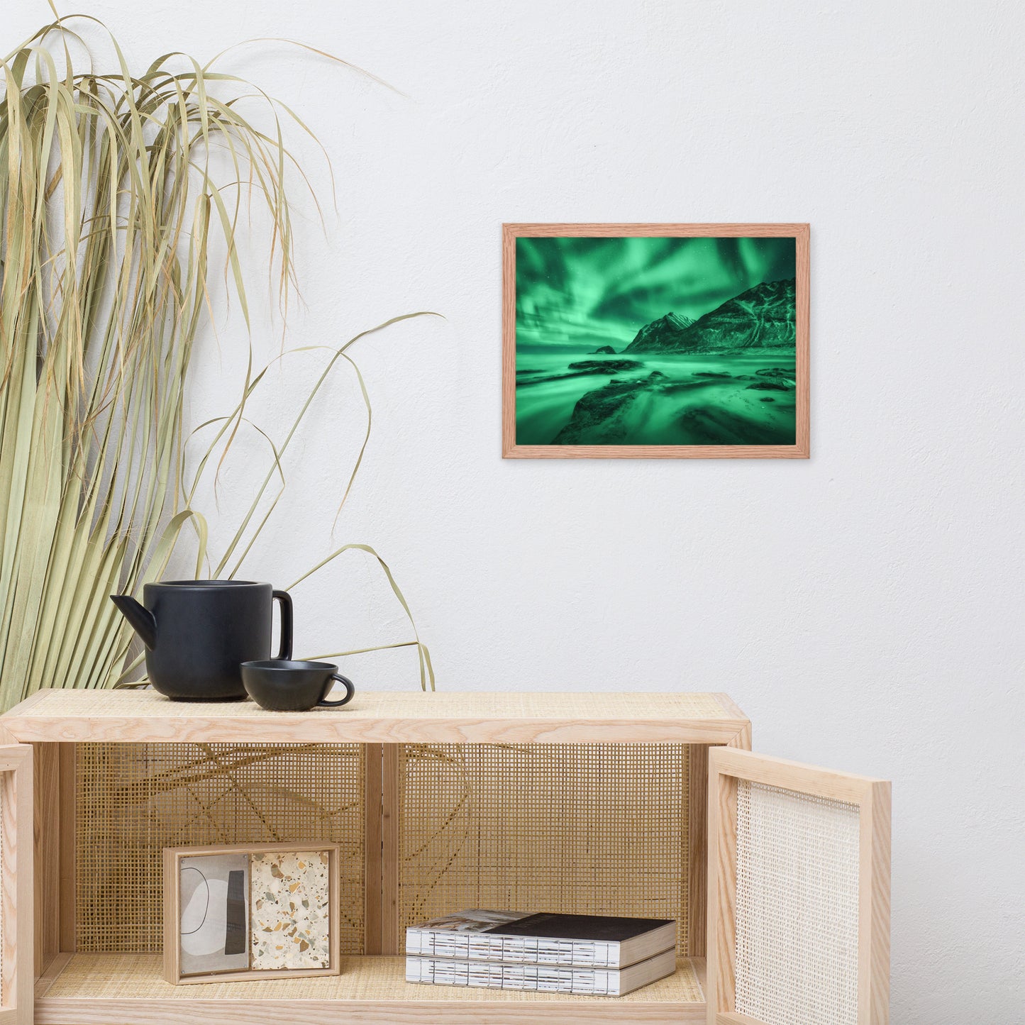 Green Northern Lights and Mountain Coast Framed Wall Art Prints