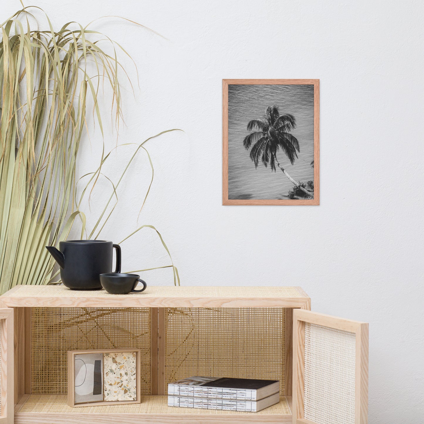 Palm Over Water Black and White Botanical Nature Photo Framed Wall Art Print