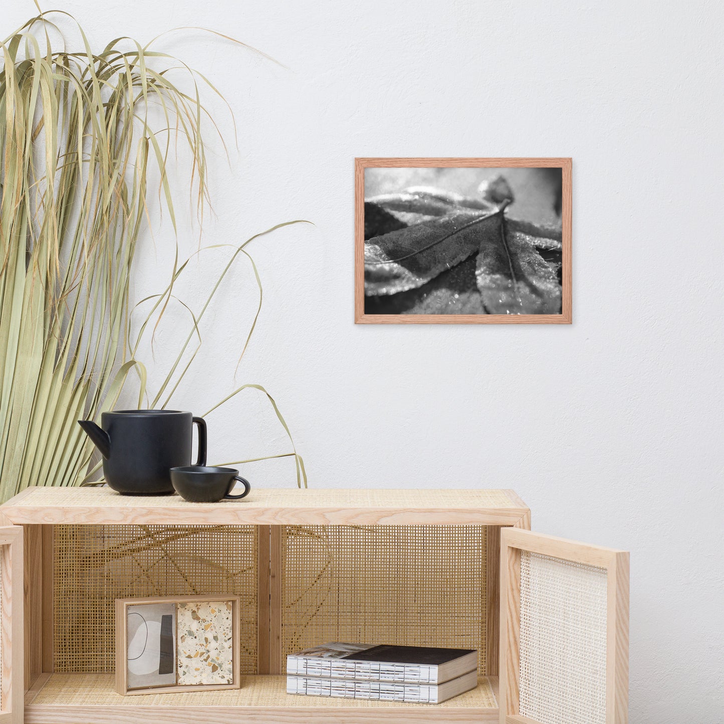 Frost Covered Leaf Black and White Botanical Nature Photo Framed Wall Art Print