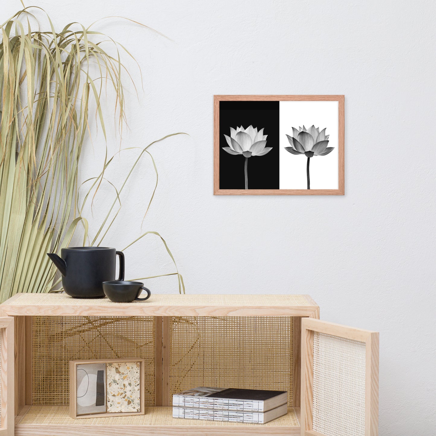 Lotus Flower on Black and White Background Floral Nature Framed Photo Paper Poster