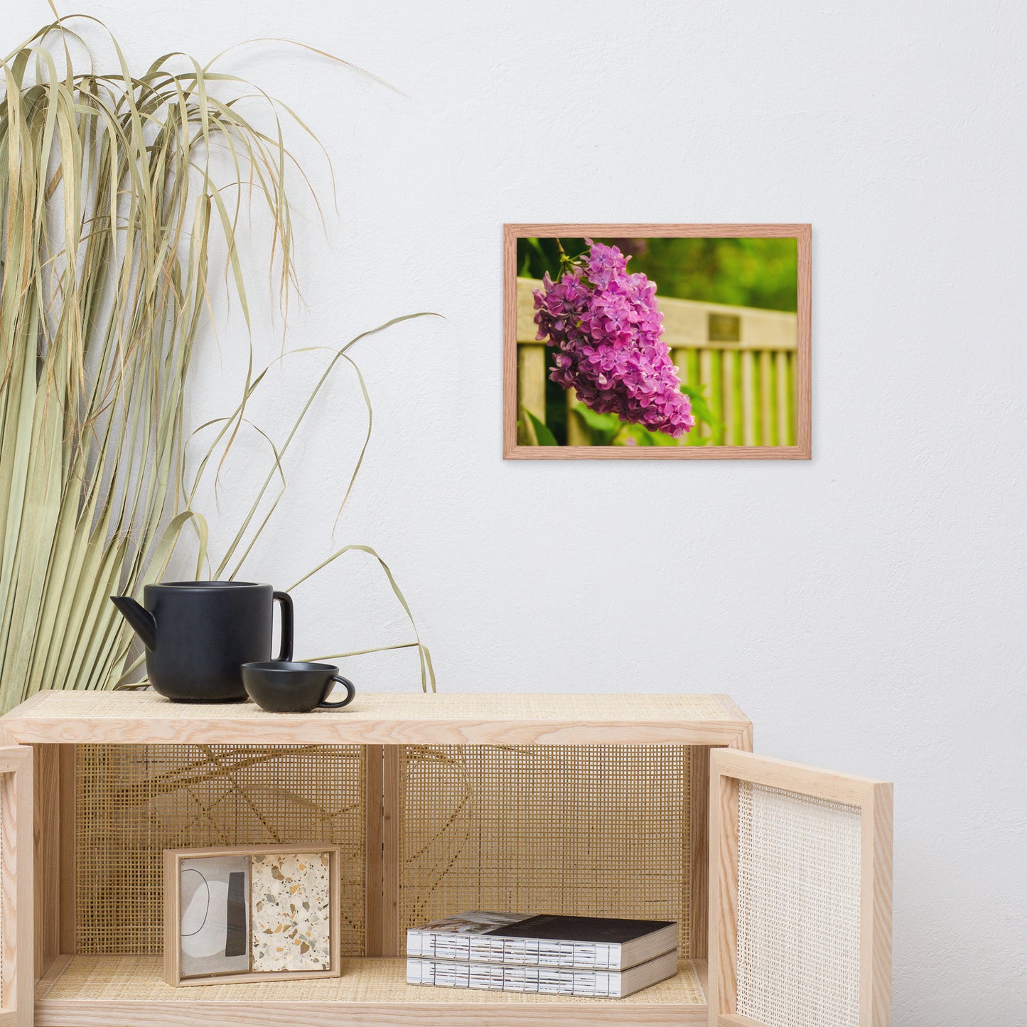 Park Bench with Lilac Floral Nature Photo Framed Wall Art Print
