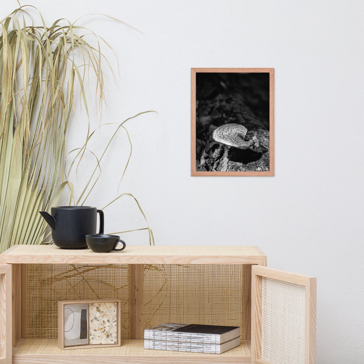 Botanical Wall Hanging: Mushroom on Log in Black & White Rustic / Country Style Nature Photo Framed Wall Art Print