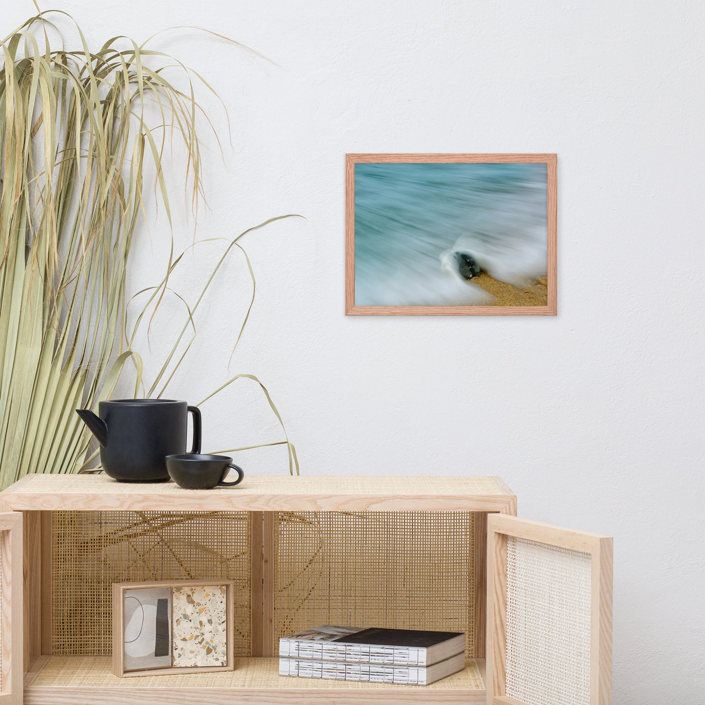 Whelk Seashell and Misty Wave Coastal Nature Photo Framed Wall Art Print