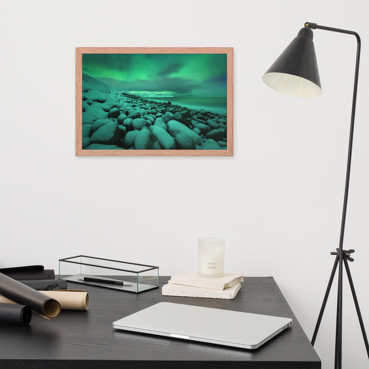 Exercise Room Wall Decor: Aurora Borealis Over Ocean in Teriberka Night - Coastal / Beach / Seascape / Nature / Landscape Photo Framed Wall Art Print - Artwork
