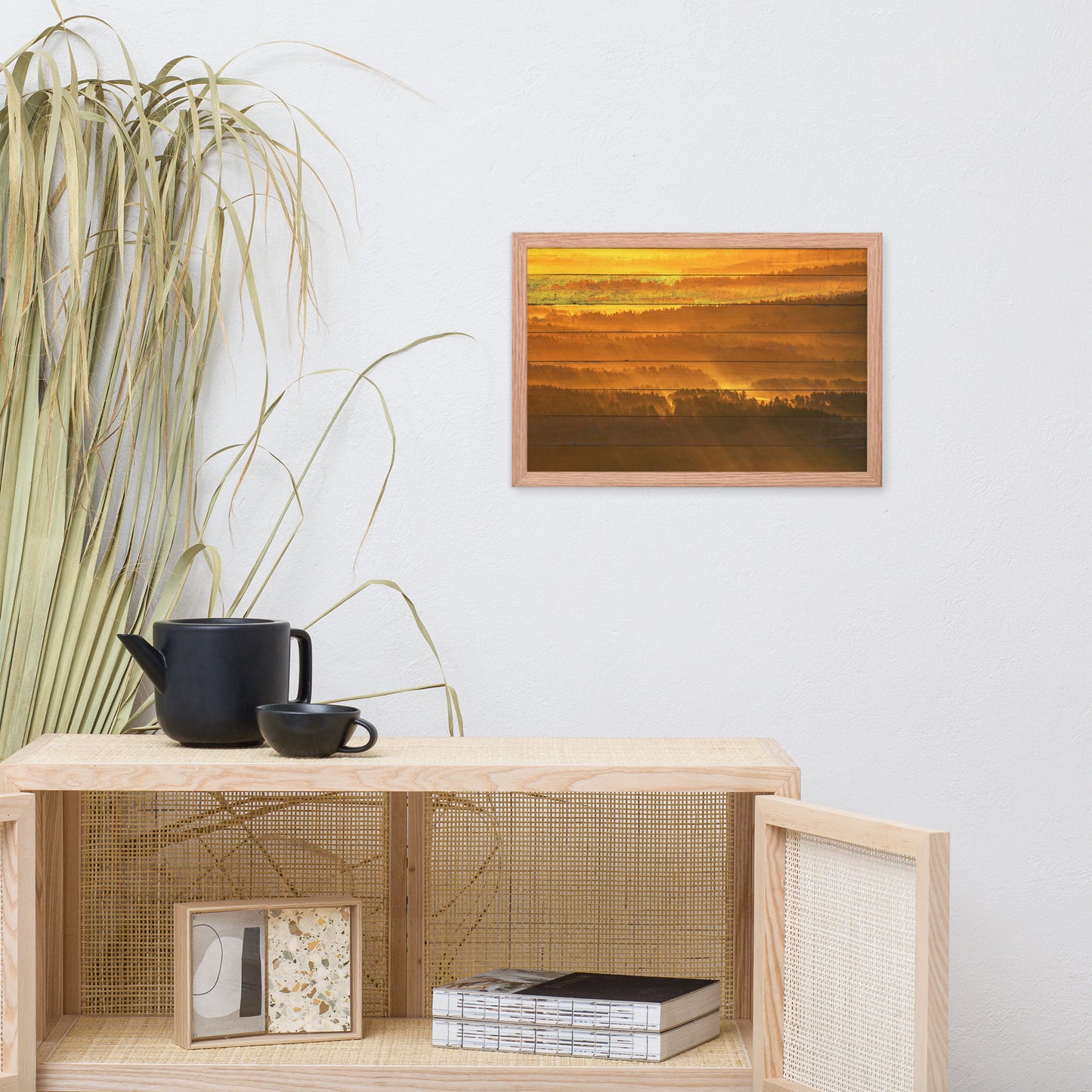 Faux Wood Golden Mist Valley - Hills & Mountain Range Framed Photo Wall Art Prints