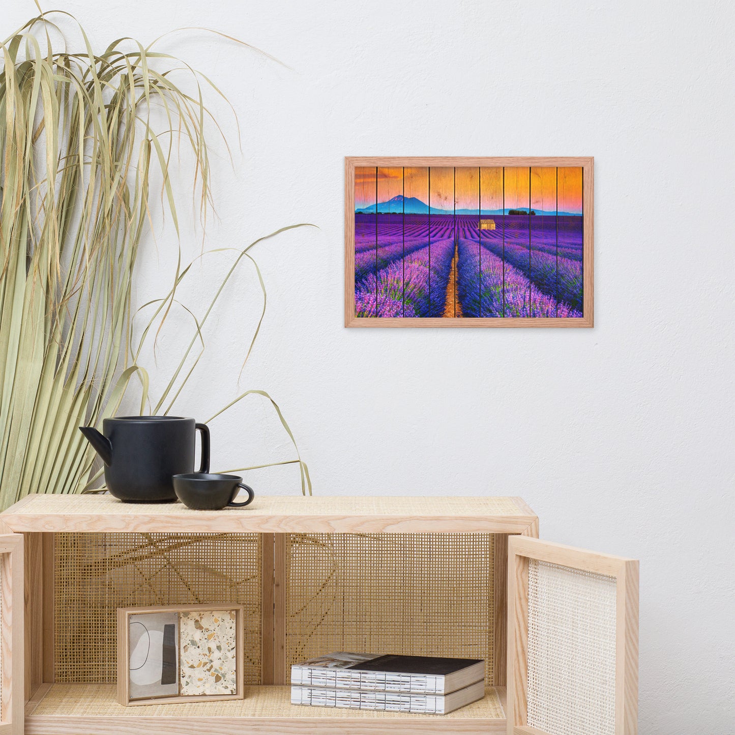 Faux Wood Lavender Fields and Sunset Landscape Framed Photo Paper Wall Art Prints