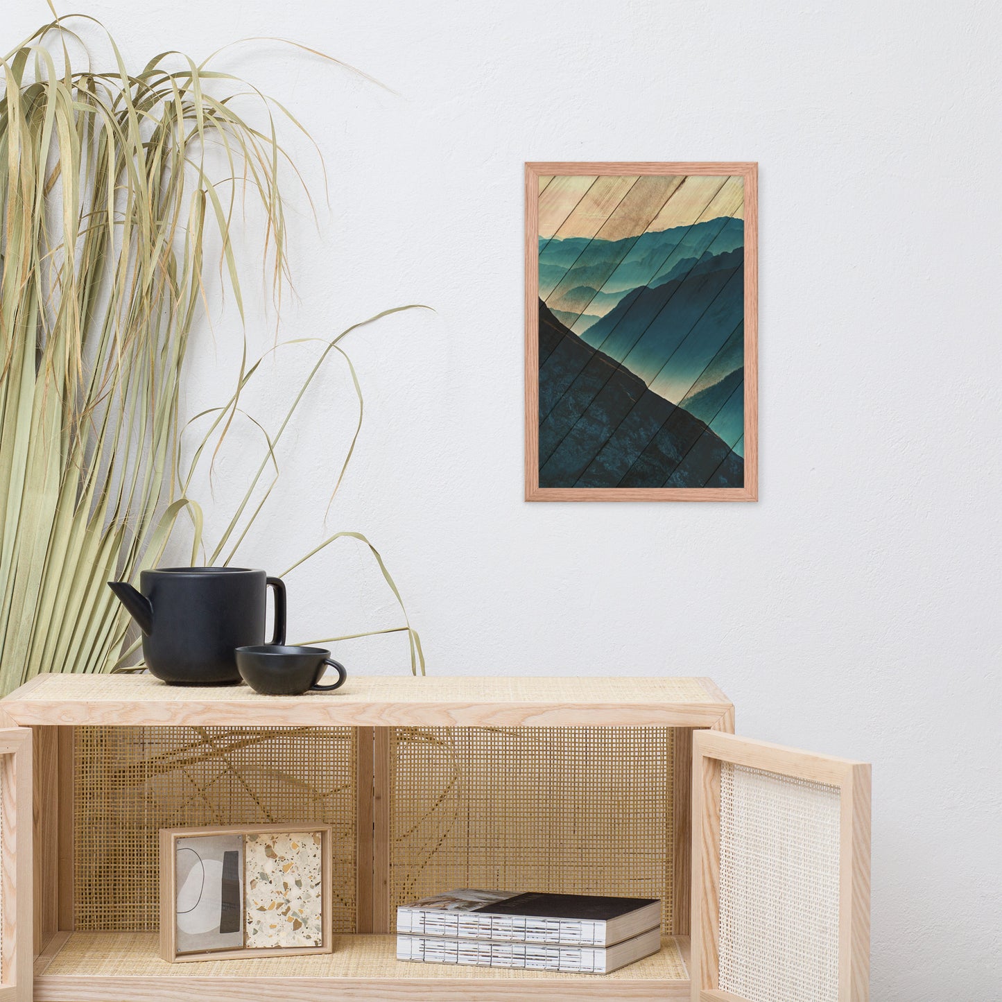 Faux Wood Misty Blue Silhouette Mountain Range Landscape Framed Photo Paper Wall Art Prints