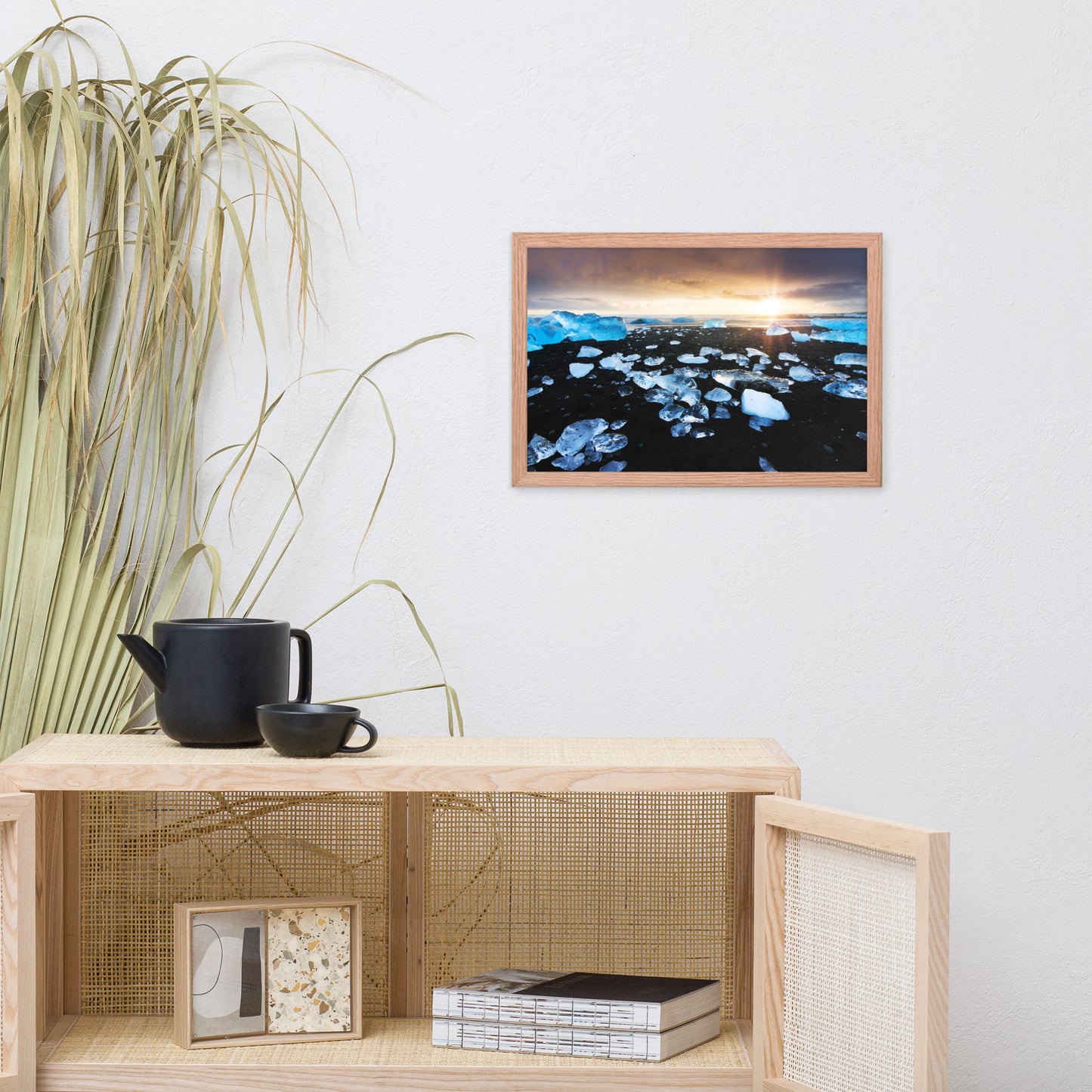 Fire and Ice Black Sand Sunset Coastal Landscape Framed Photo Paper Wall Art Prints