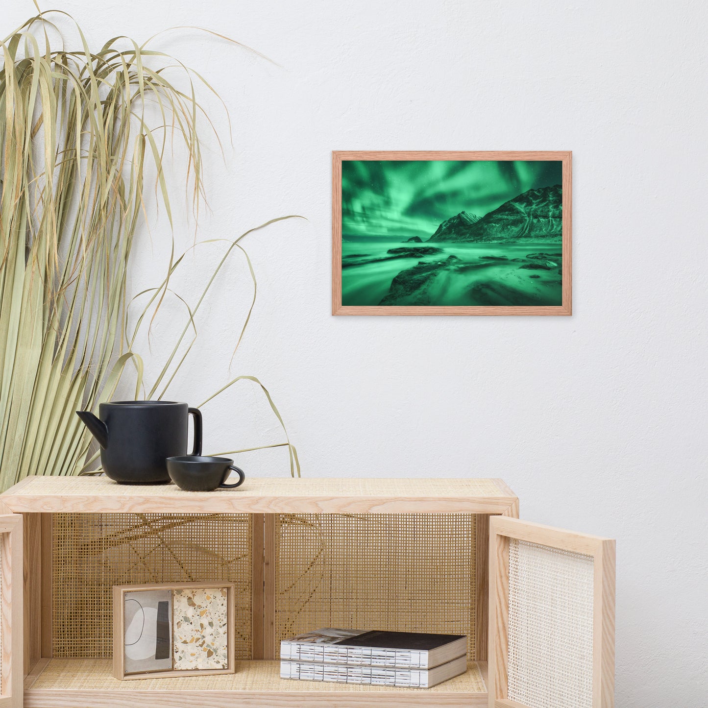 Green Northern Lights and Mountain Coast Framed Wall Art Prints