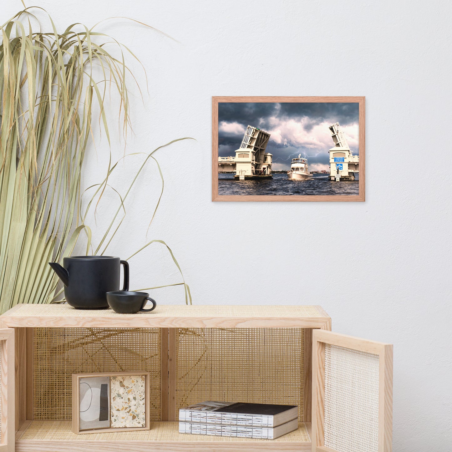 Stormy Drawbridge and Boat Racing Towards the Sun Coastal Landscape Photograph Framed Wall Art Print