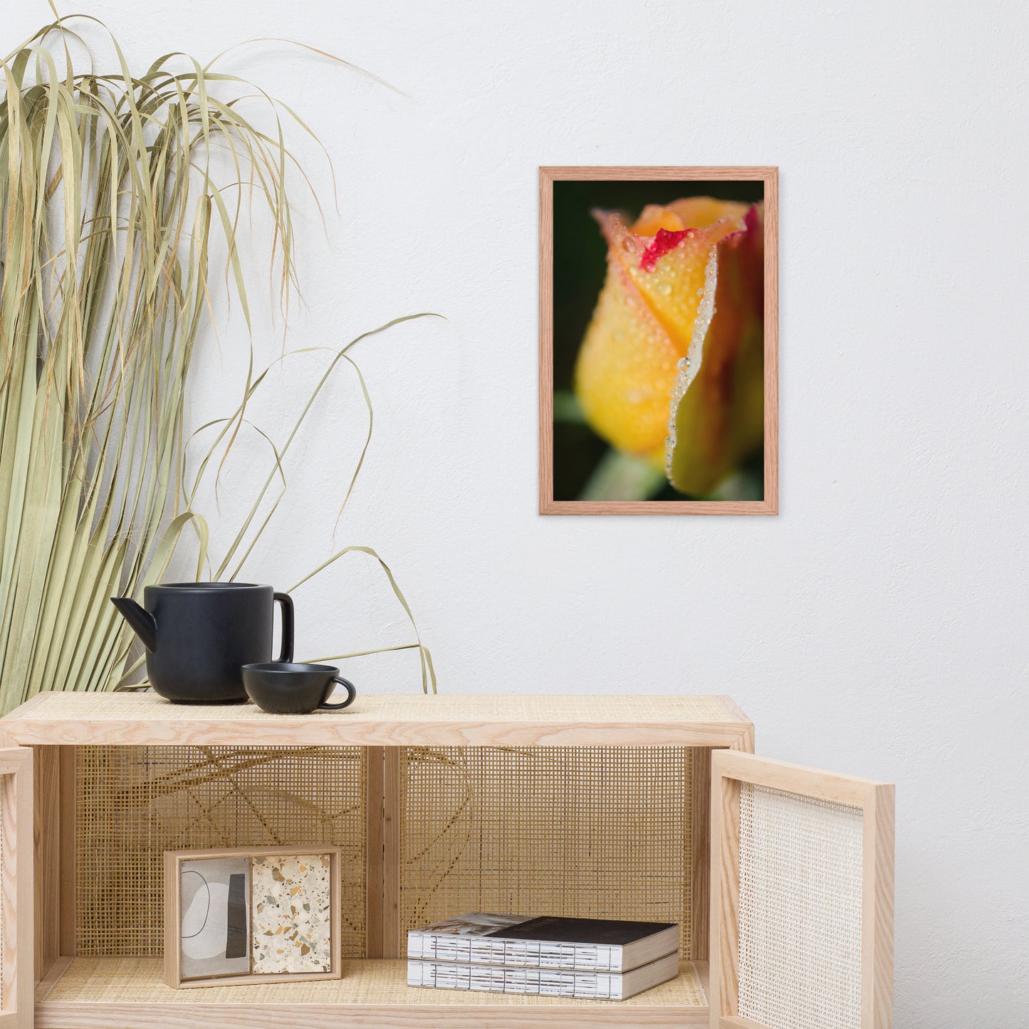 Dew on Yellow Rose Floral Nature Photo Framed Wall Art Print