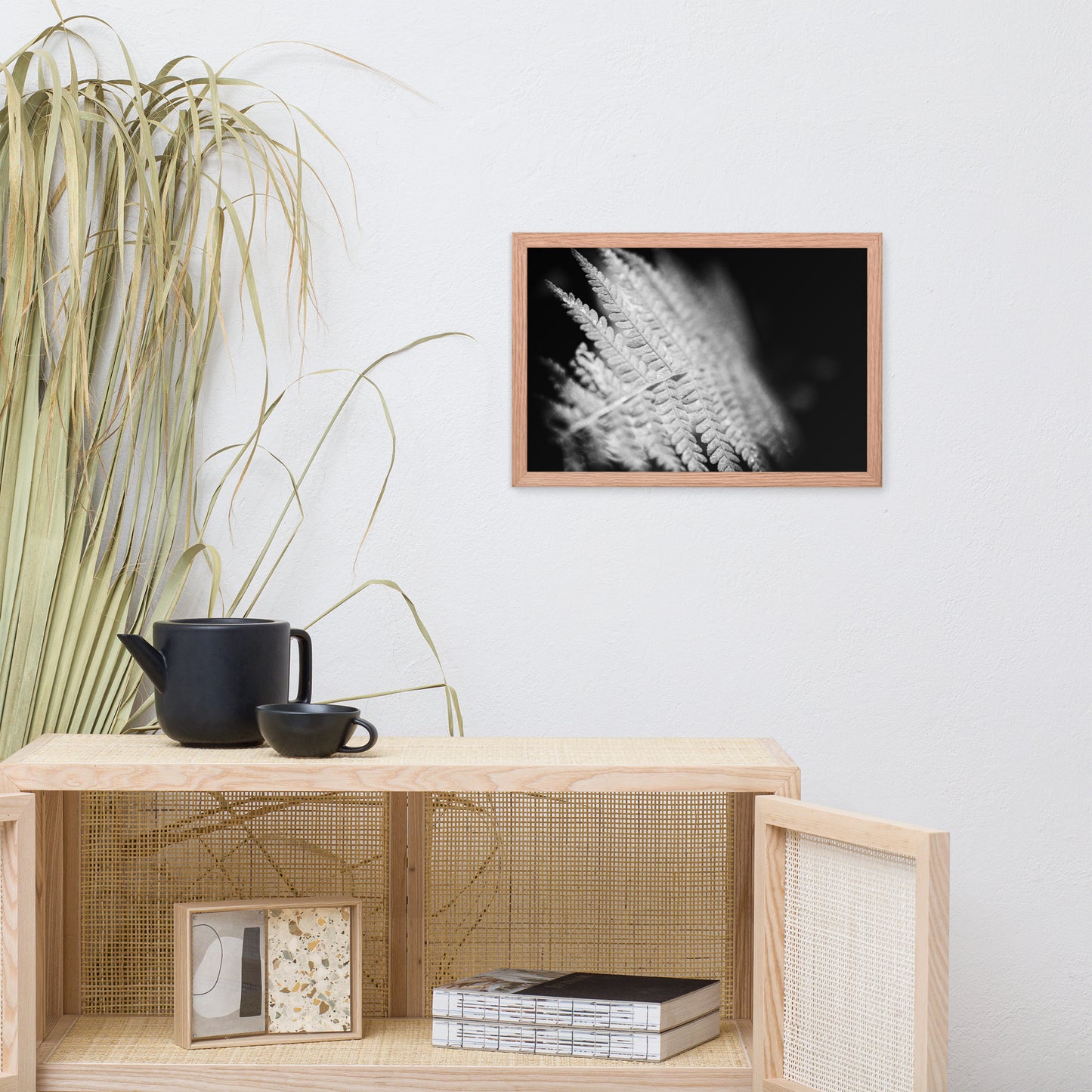 Fern Leaf in the Sunlight Black and White Botanical Nature Photo Framed Wall Art Print