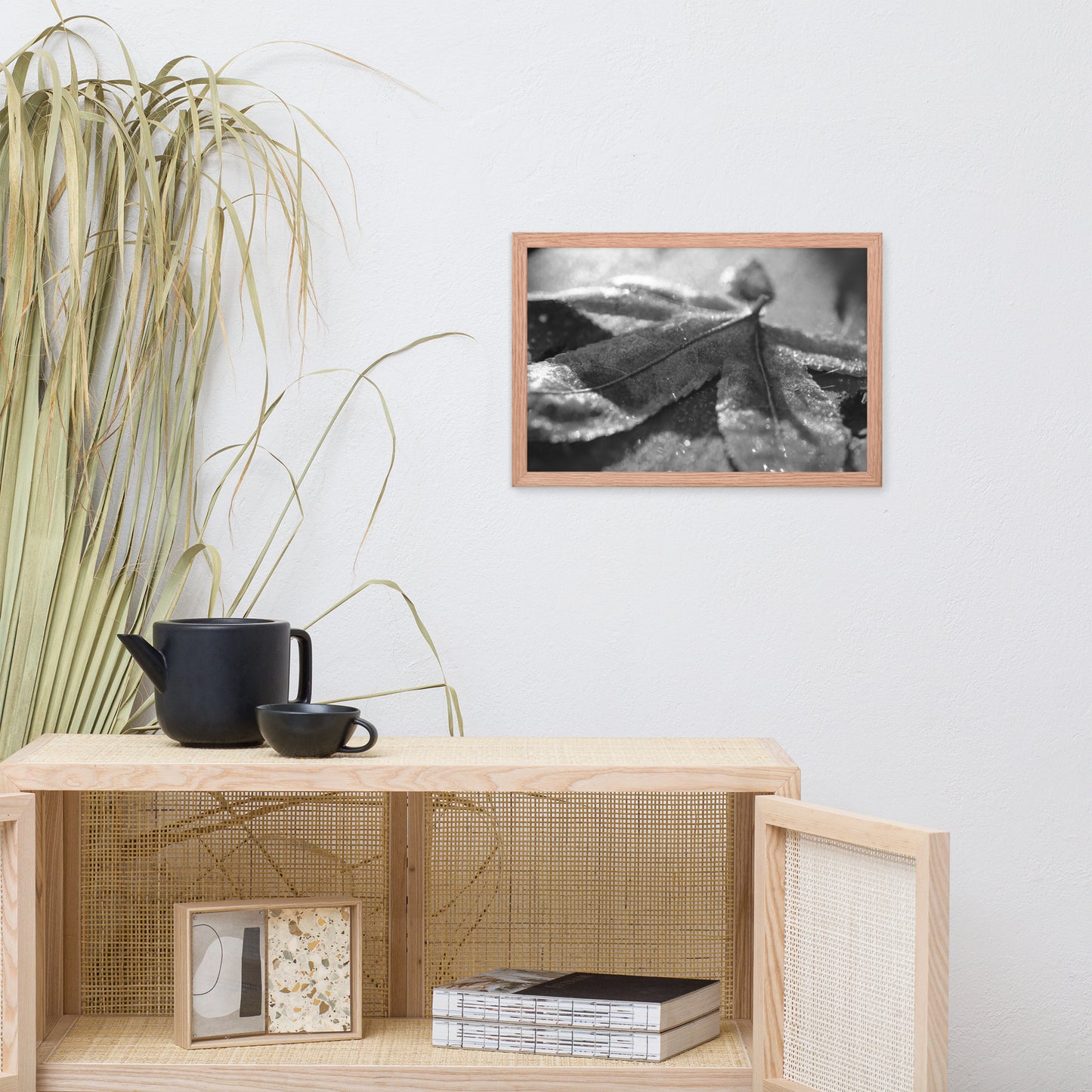 Frost Covered Leaf Black and White Botanical Nature Photo Framed Wall Art Print