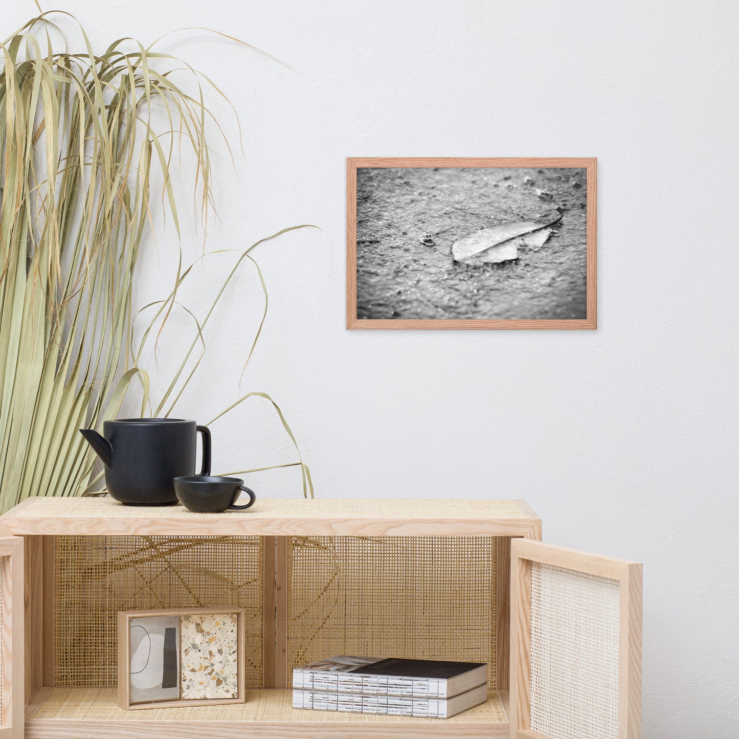 Fallen Leaf in The Rain Black and White Botanical Nature Photo Framed Wall Art Print